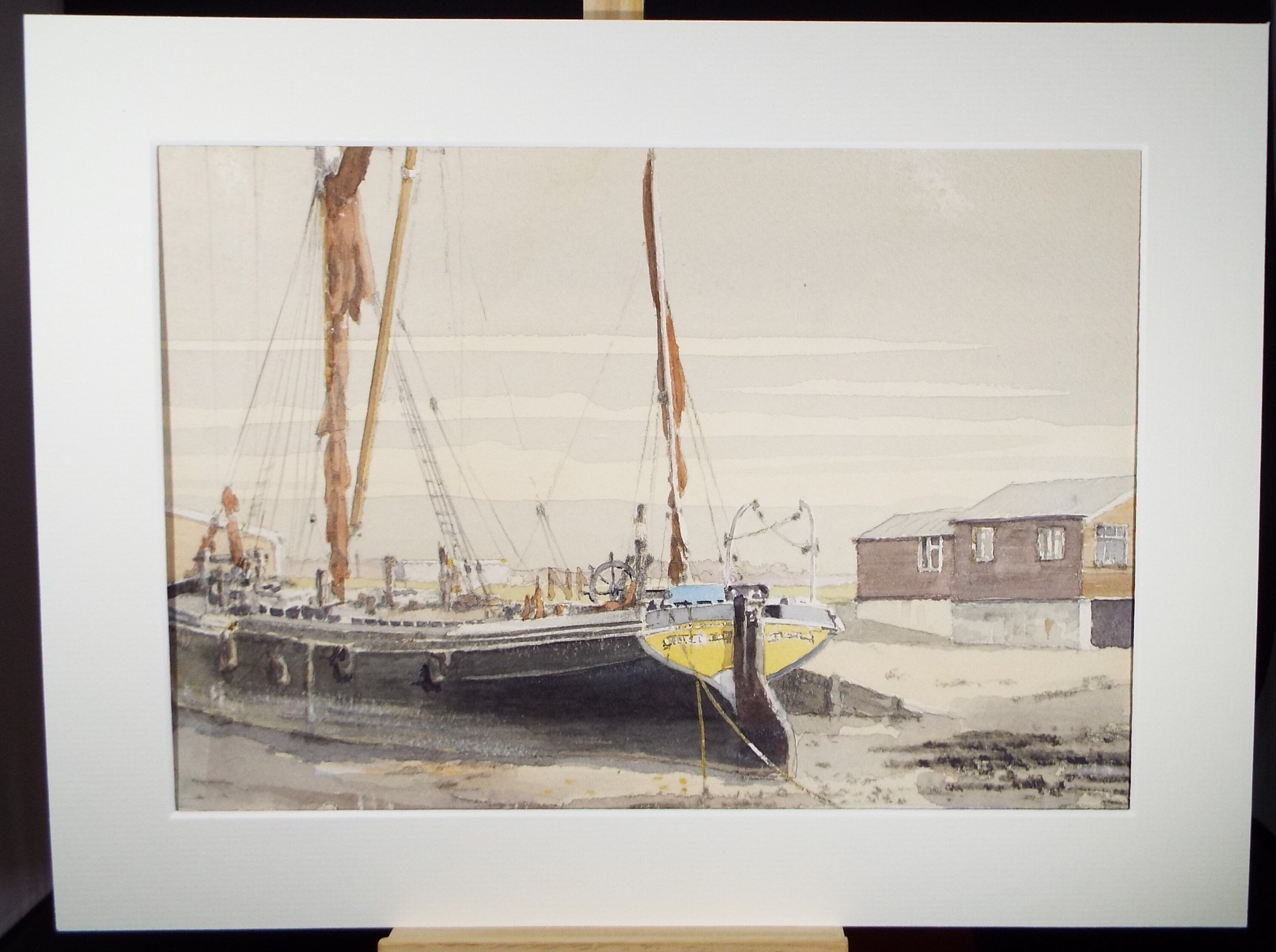 Original Watercolour, 'Sailing Barge aground', Circa 1970's, Artist Unknown