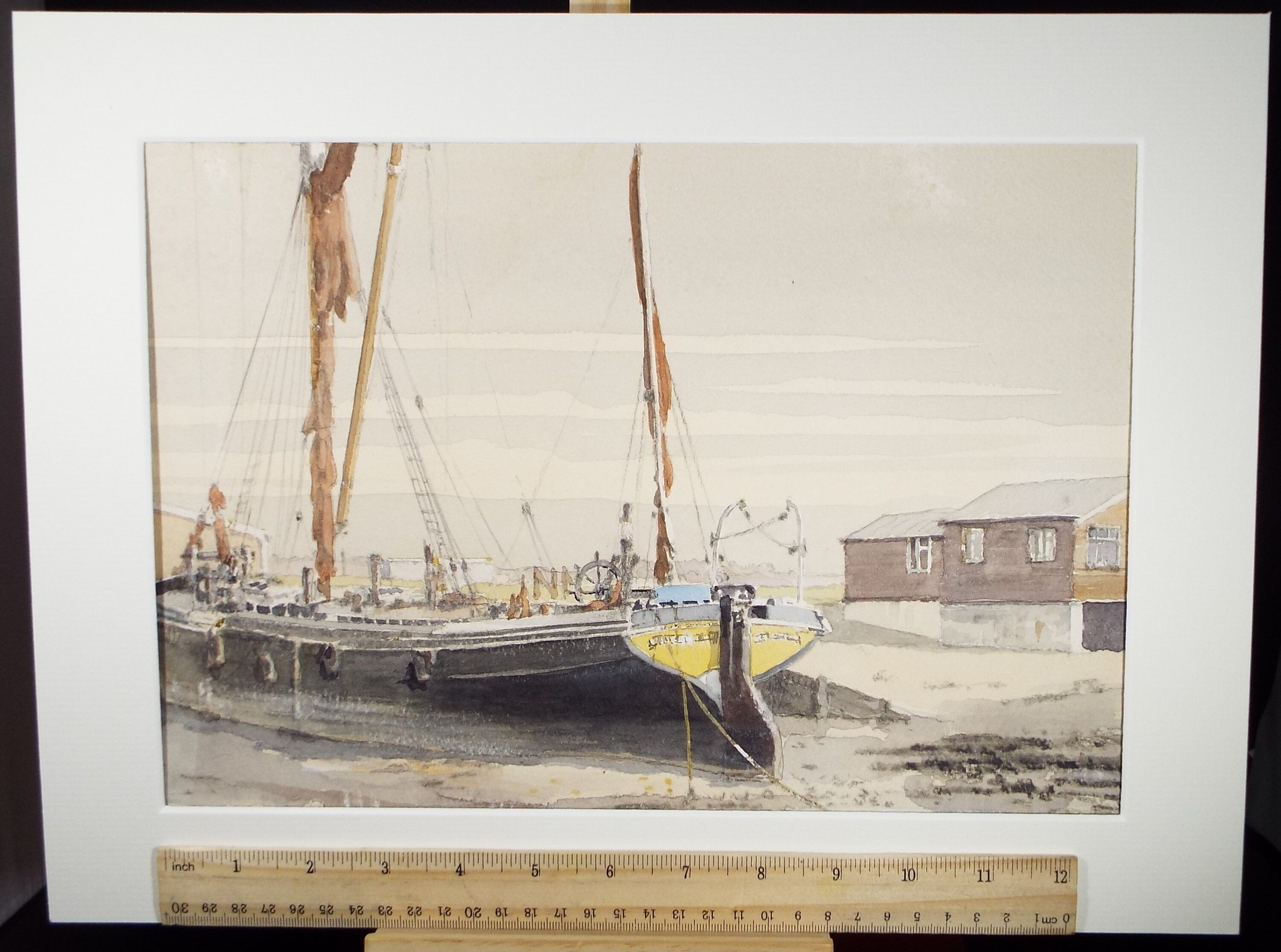 Original Watercolour, 'Sailing Barge aground', Circa 1970's, Artist Unknown