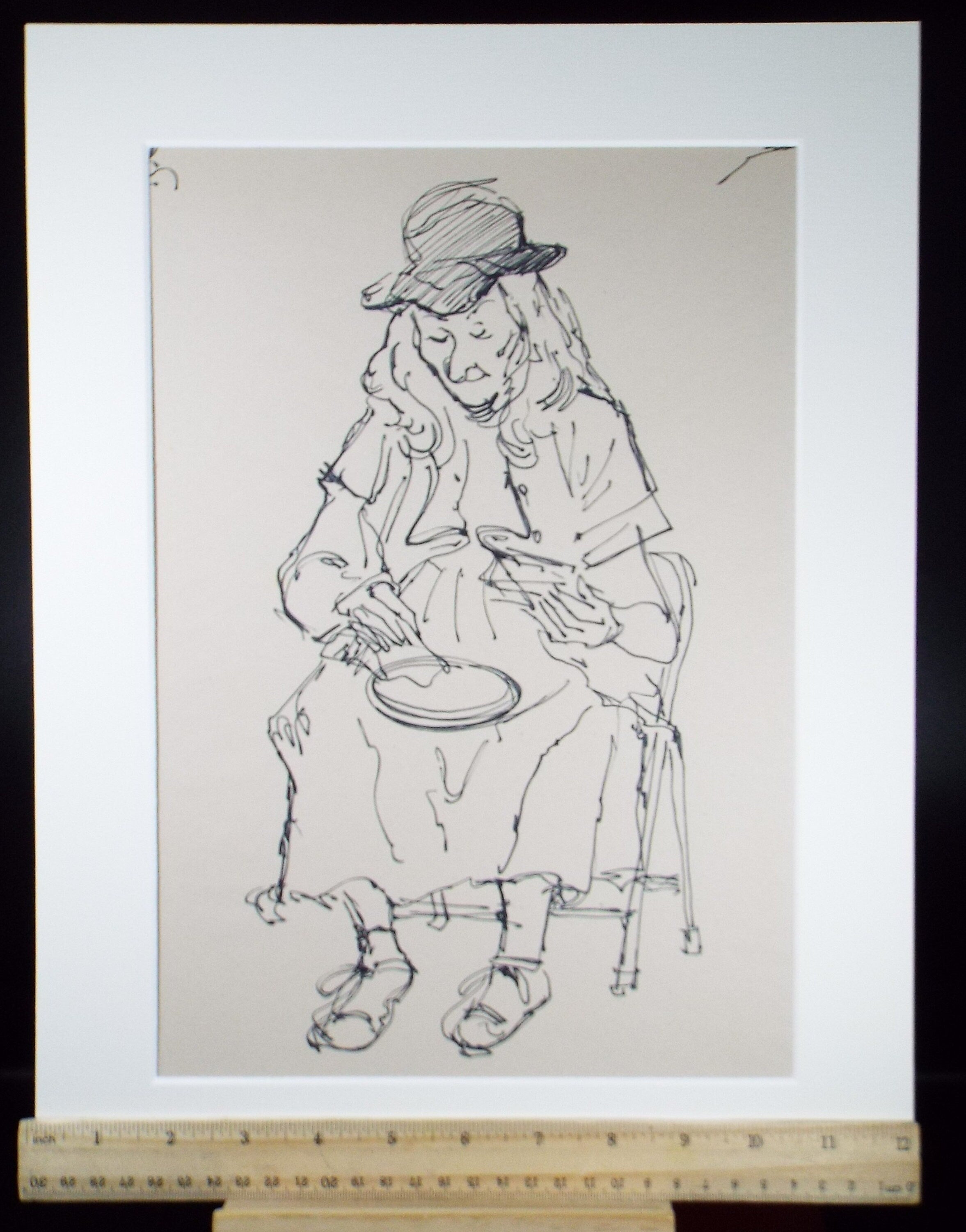 Original Pen & Ink Sketch,'Seated Figure with plate',Richard Bazley b1962, Circa 1980's