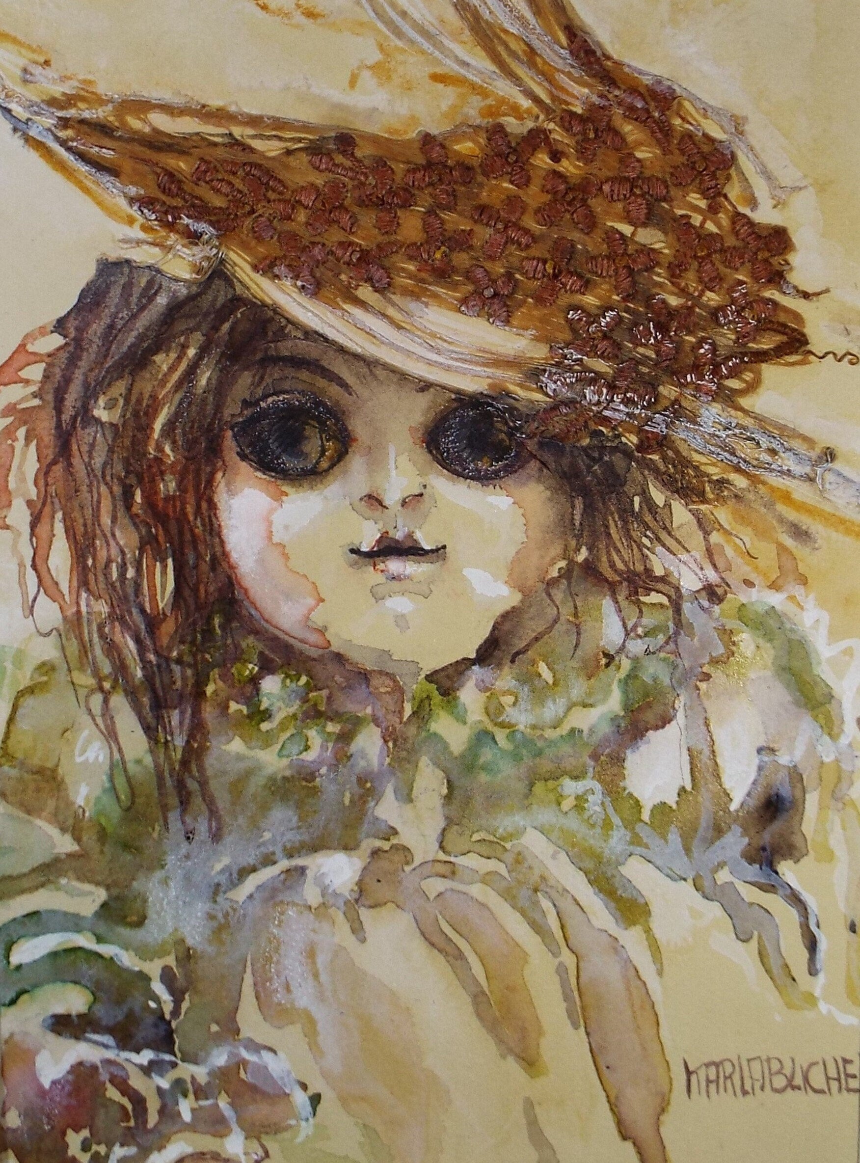 Original Watercolour & Collage, 'A Doll Study', c1990s, Karla Buchel (b1933), Dutch School