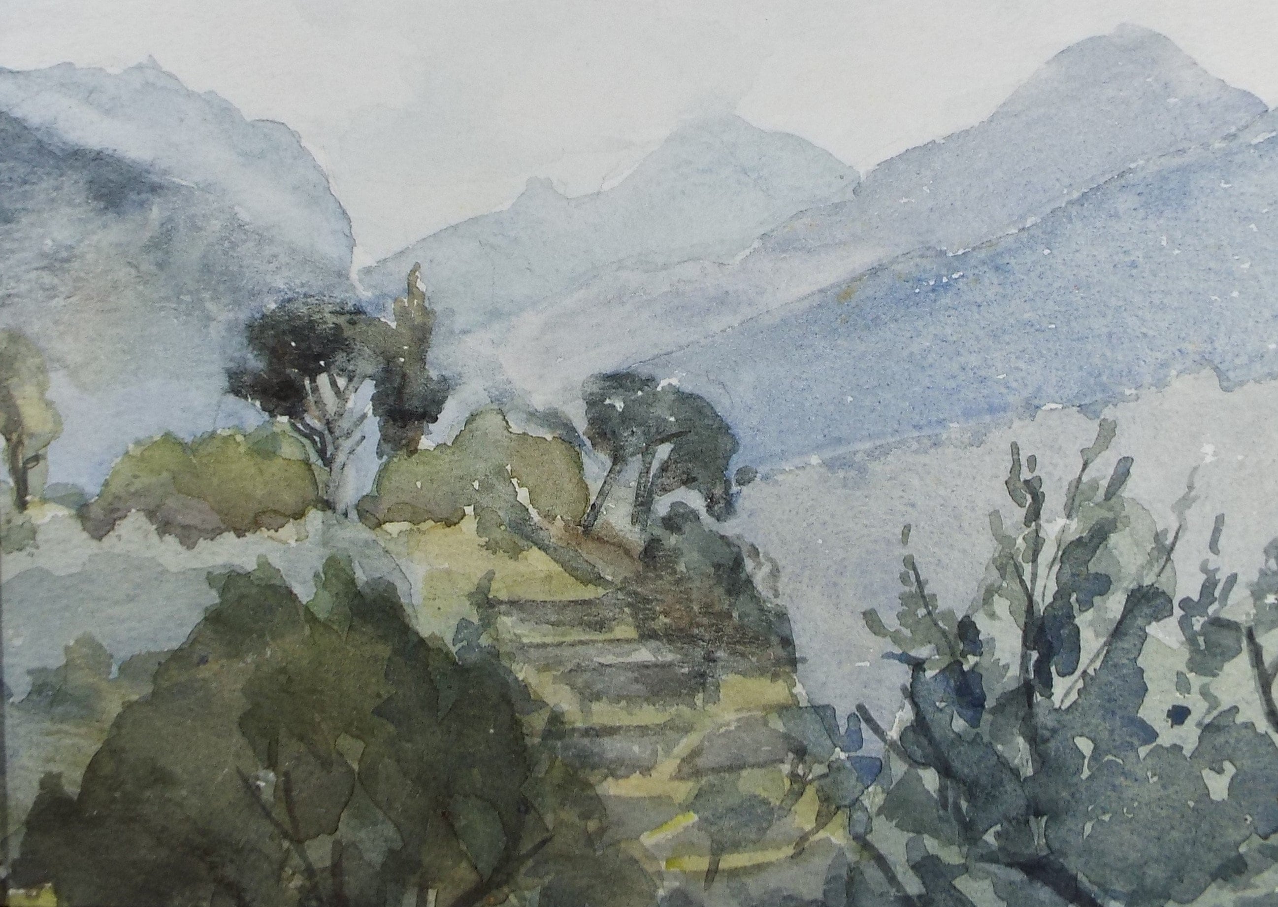 Original Watercolour drawing, 'Landscape with Distant Hills', Muriel Archer (1911-2011)