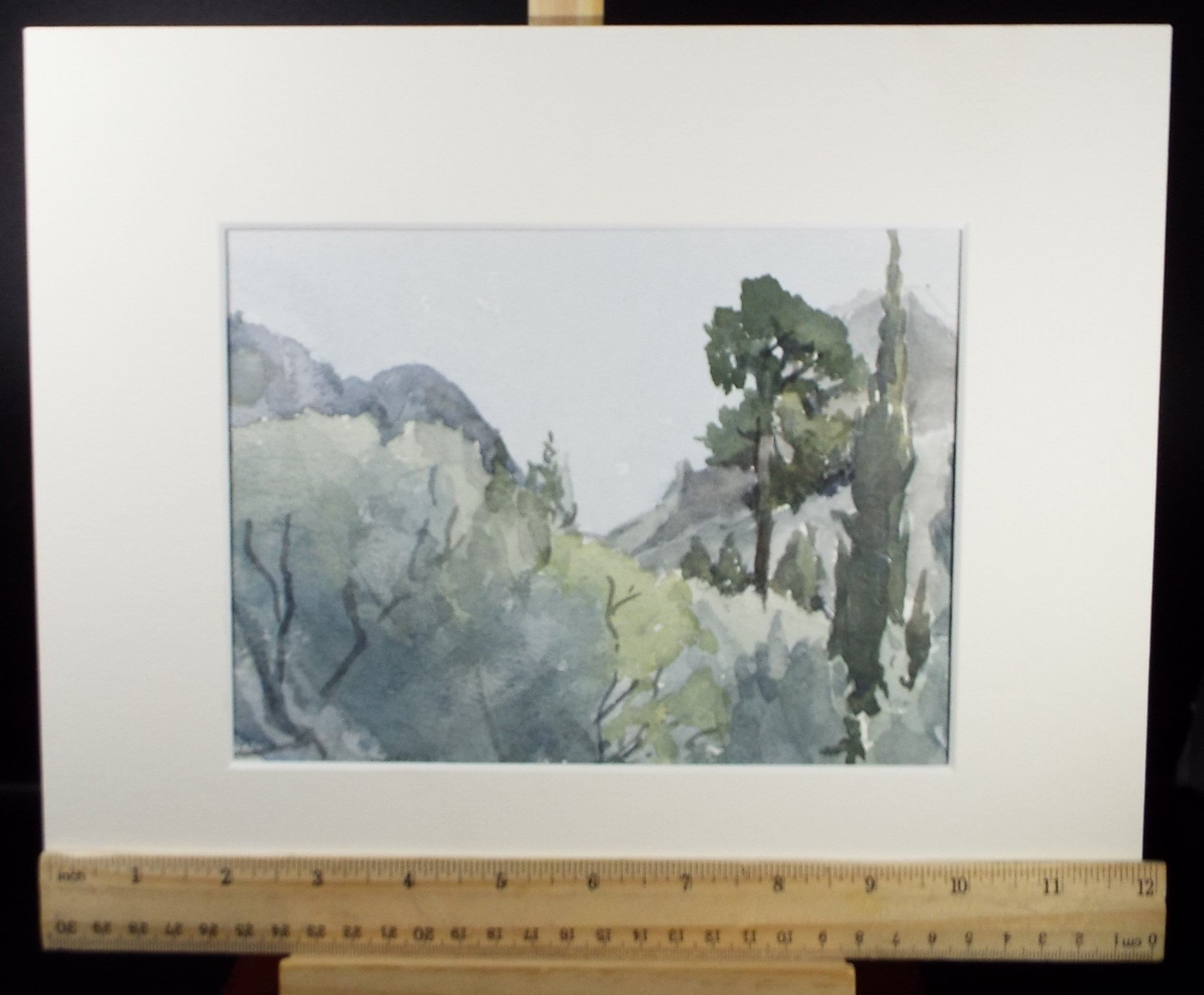 Original Watercolour drawing, 'Landscape with Cyprus Trees', Muriel Archer (1911-2011)