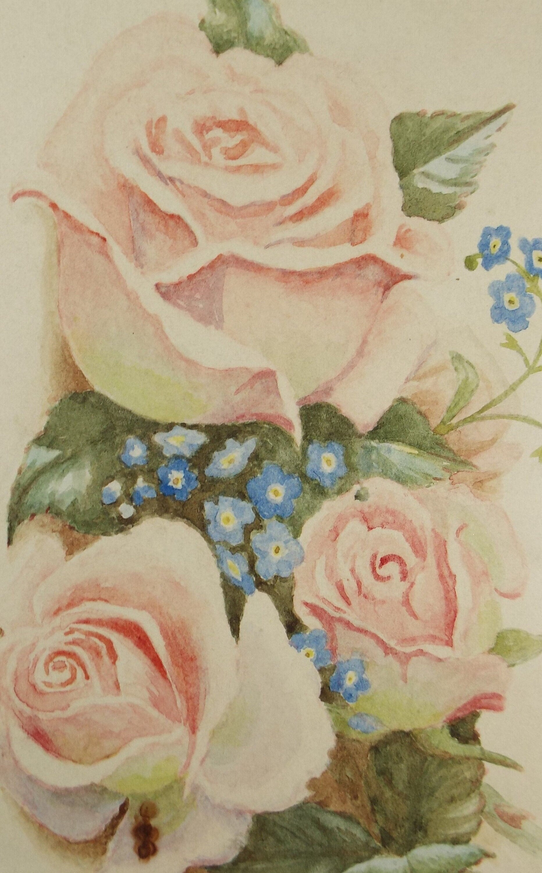 Original Watercolour, 'Pink Roses and forget me not', 1930's, Artist Unknown
