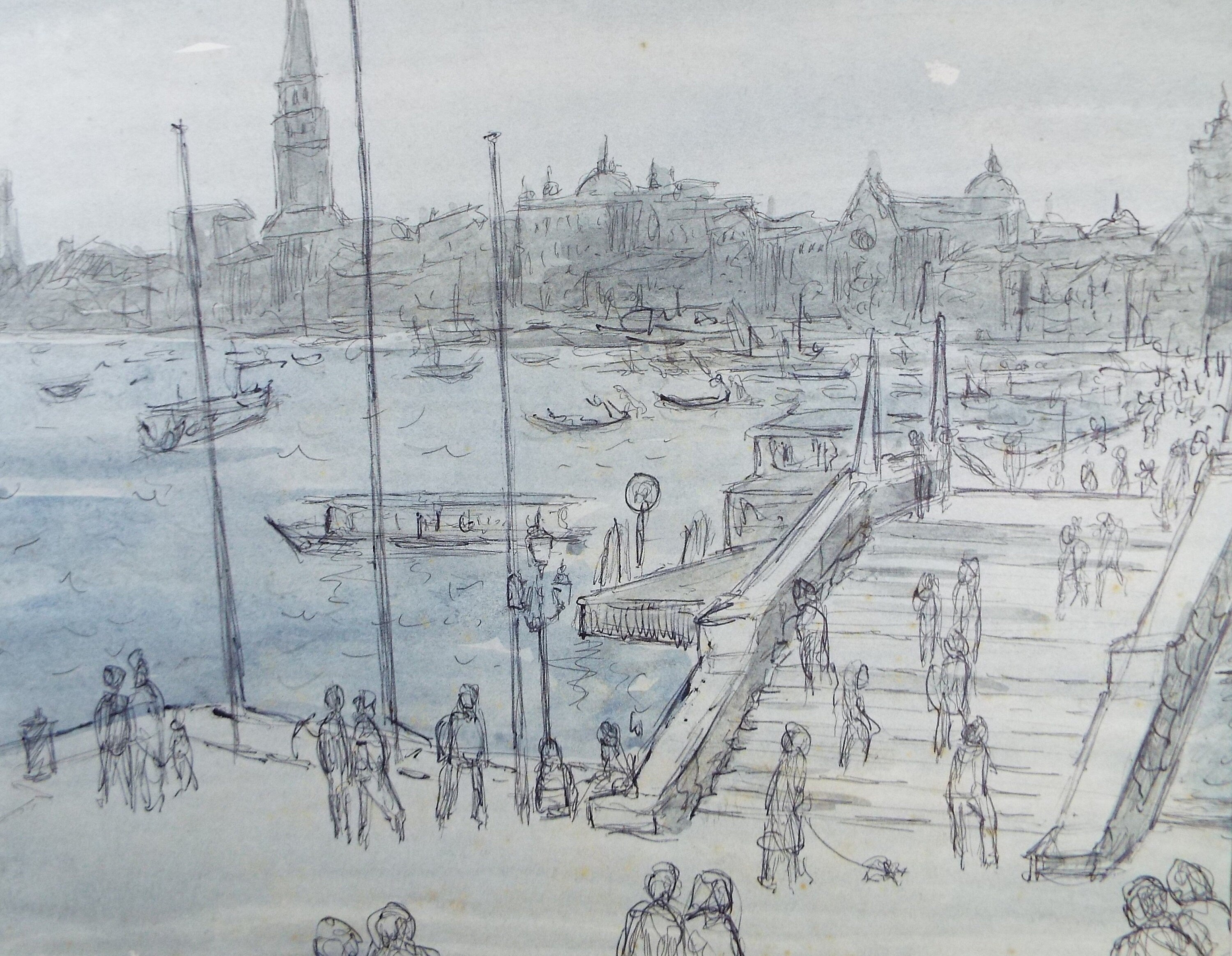 Original Ink & Watercolour drawing, 'Venetian Lagoon with Figures', Muriel Archer (1911-2011)