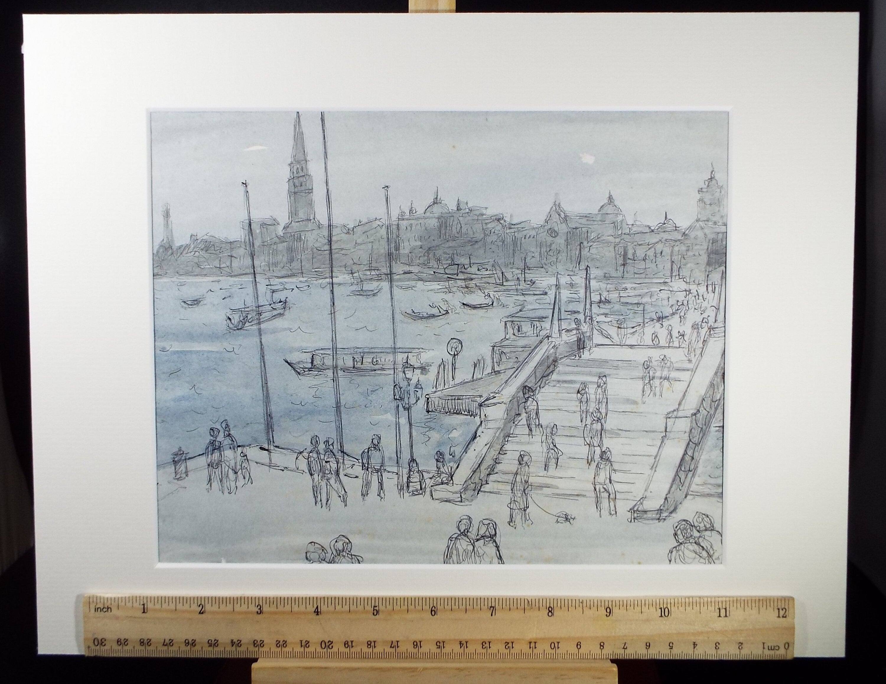 Original Ink & Watercolour drawing, 'Venetian Lagoon with Figures', Muriel Archer (1911-2011)