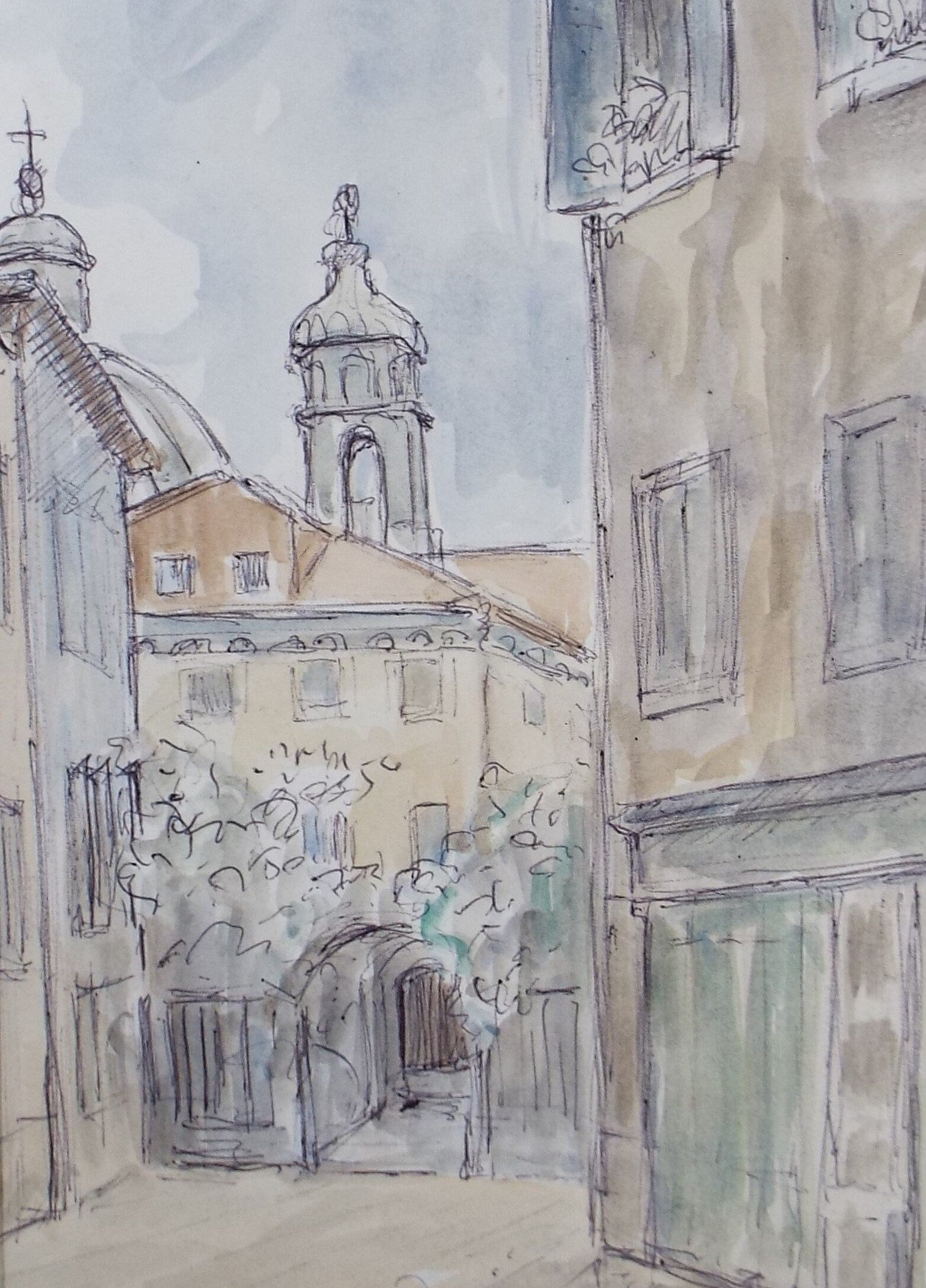 Original Watercolour & Ink drawing, 'Italian Street Scene', Muriel Archer (1911-2011)