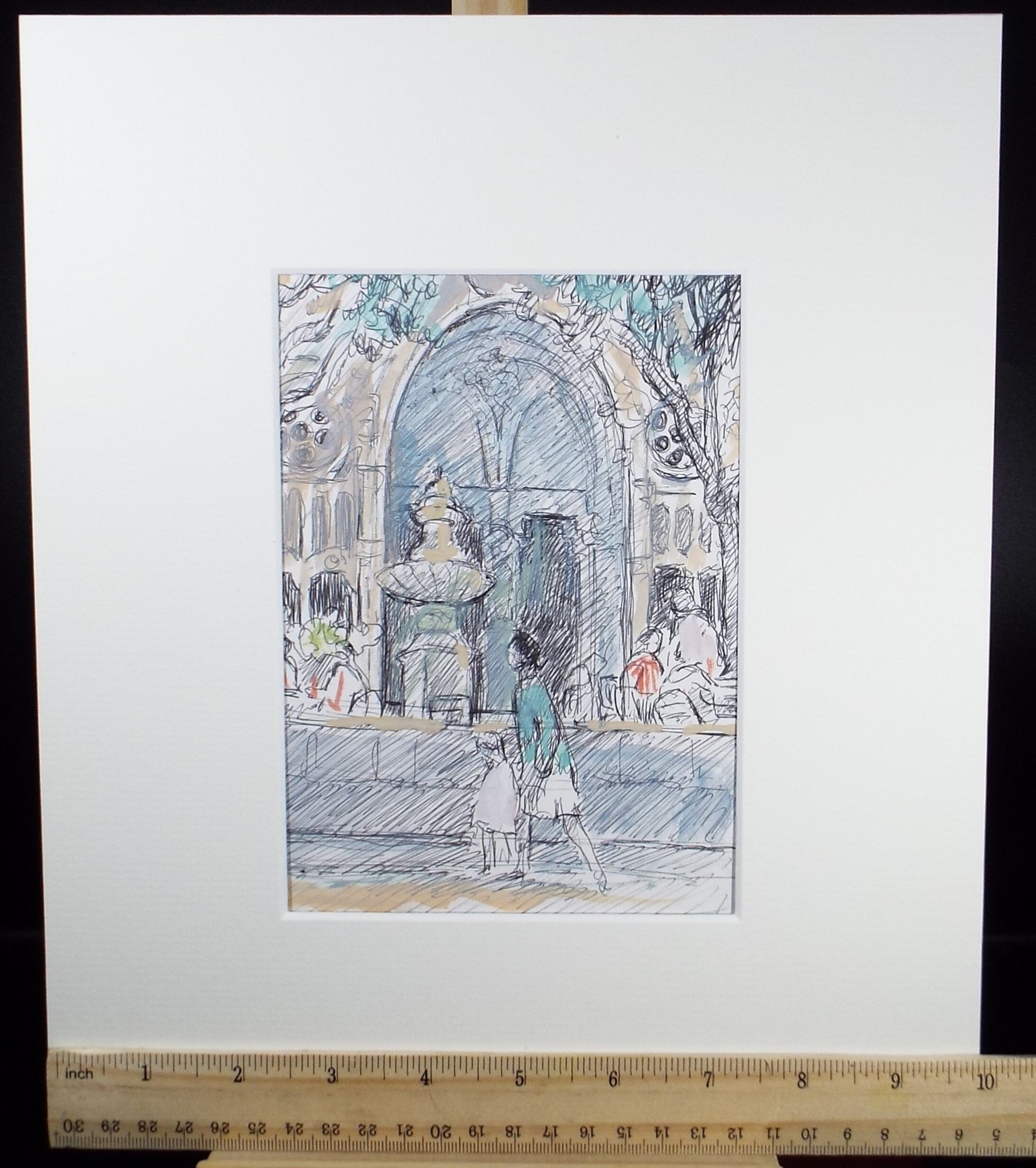 Original Watercolour & ink drawing, 'Figures by a fountain', Muriel Archer (1911-2011)