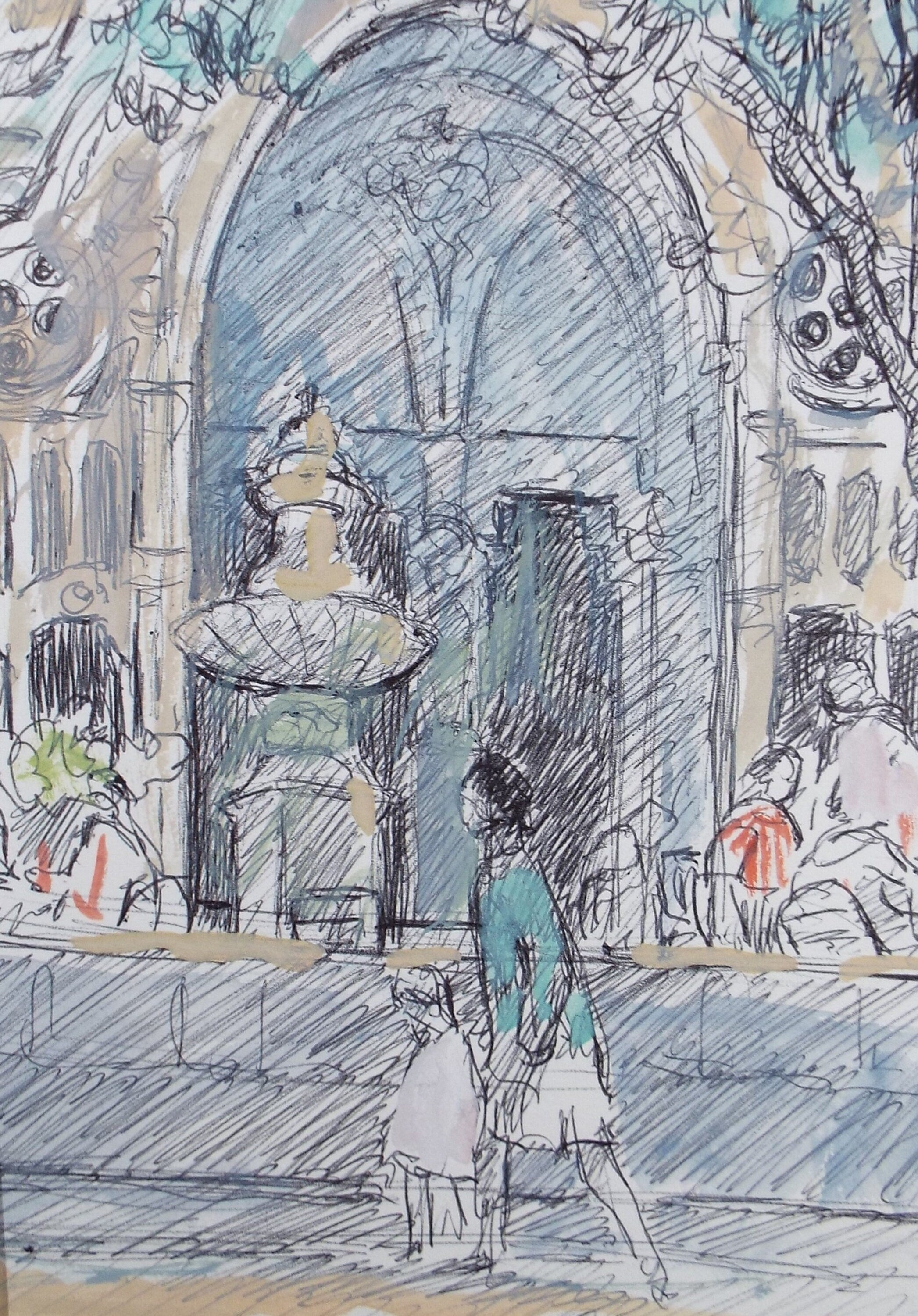 Original Watercolour & ink drawing, 'Figures by a fountain', Muriel Archer (1911-2011)