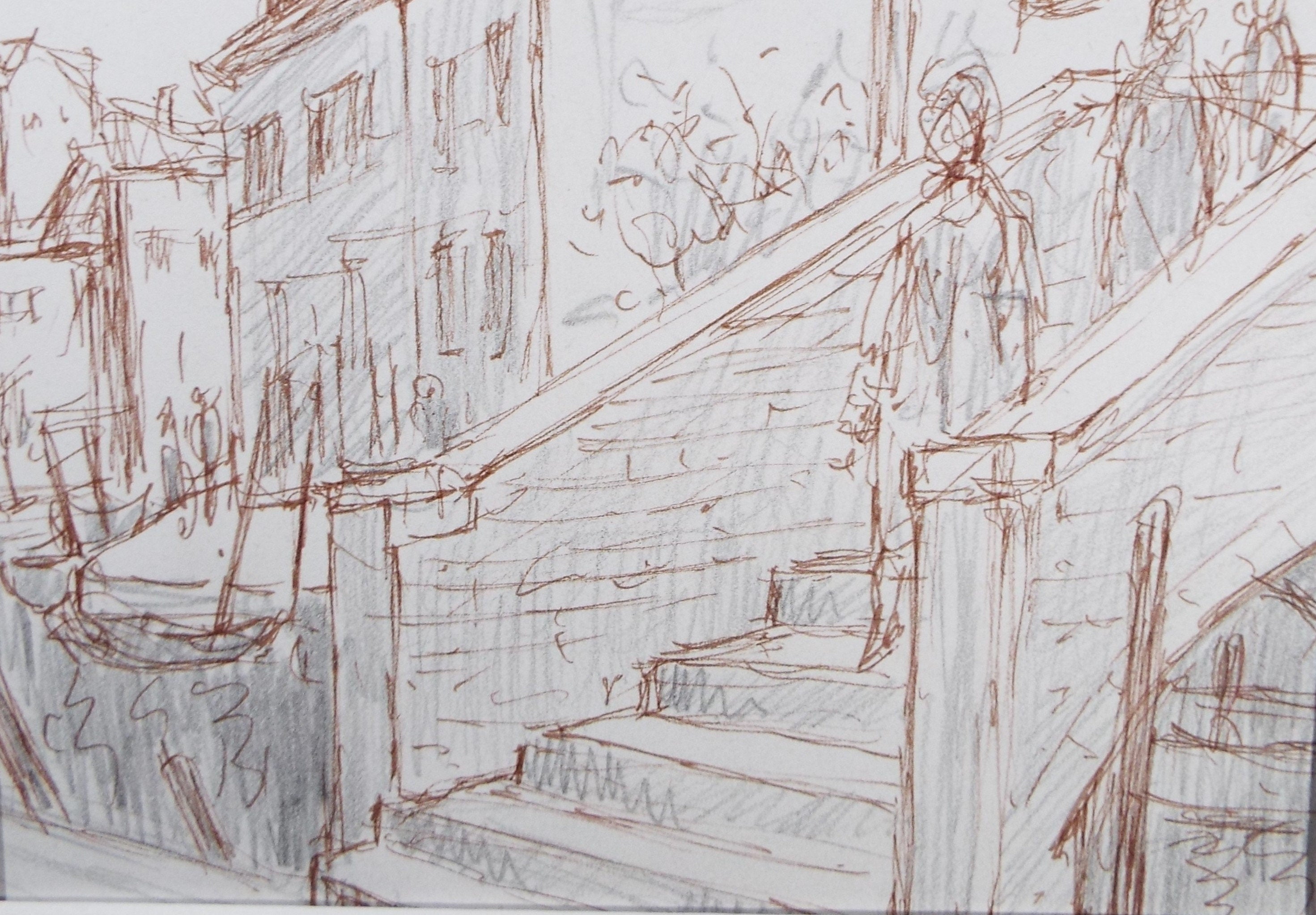 Original Pencil & Ink drawing, 'Figures on a Canal Bridge', Muriel Archer (1911-2011)