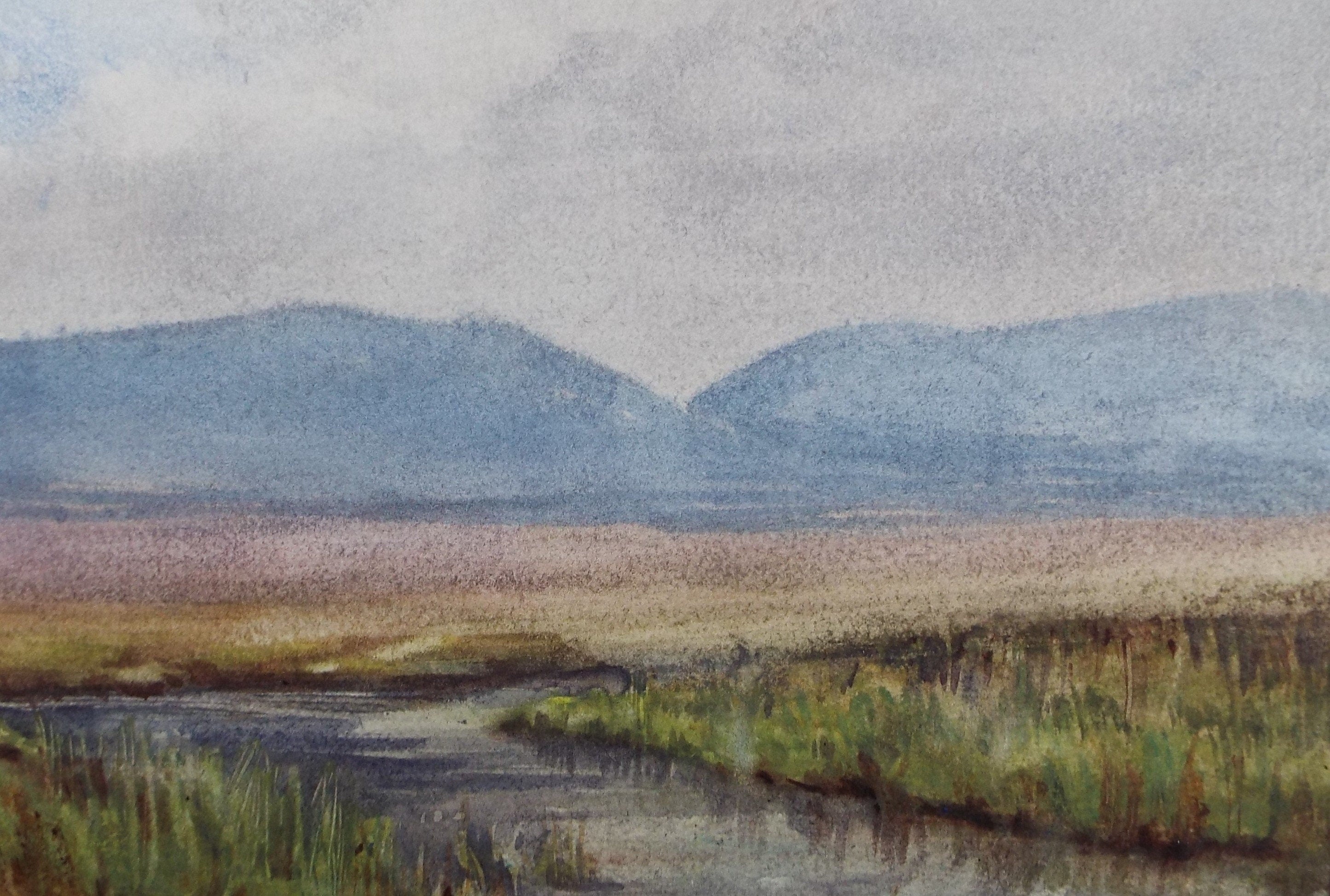Original Watercolour Sketch, 'Stream across a Muir with distant hills', c1910, Unknown Artist