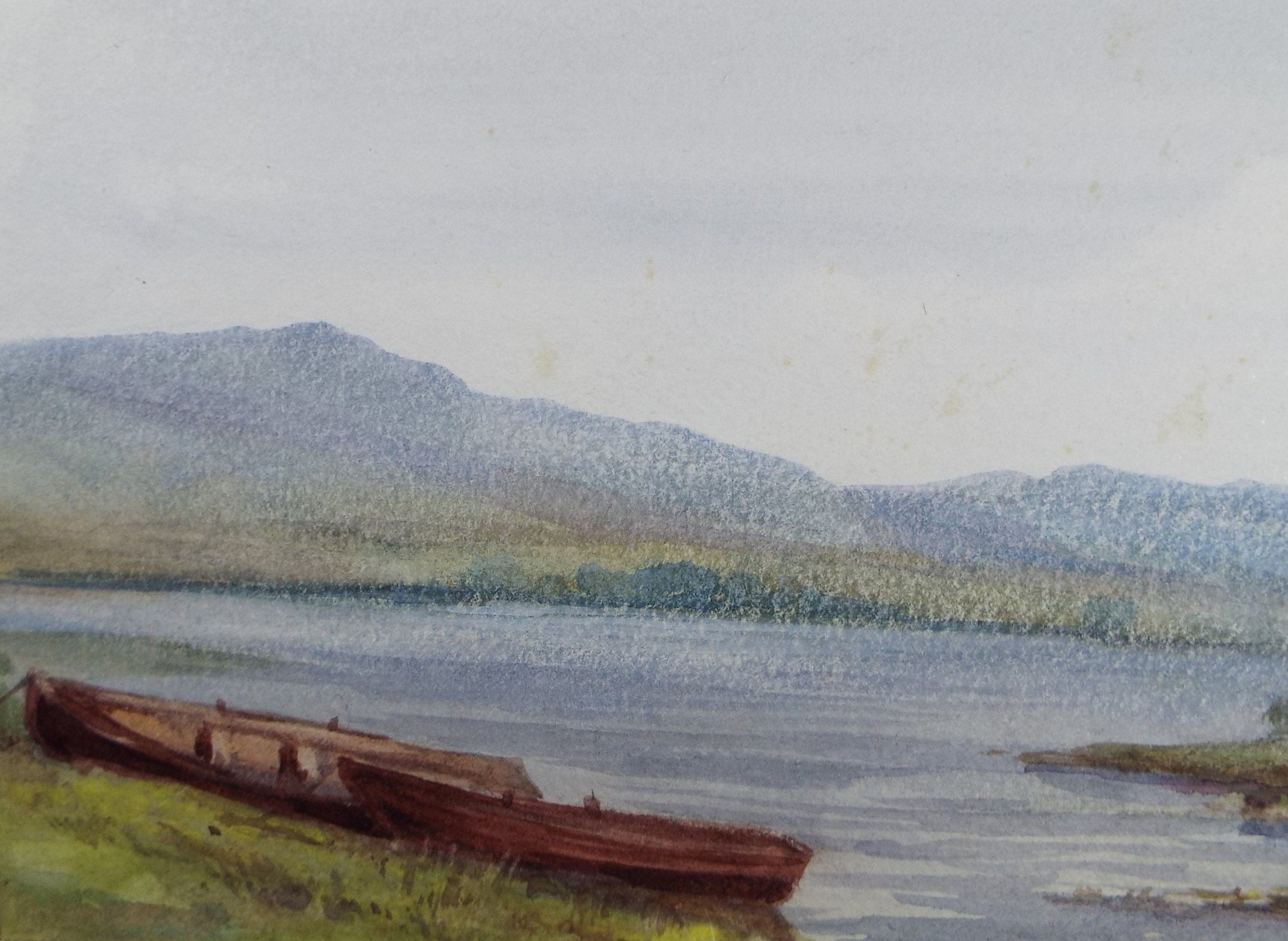 Original Watercolour Sketch, 'Rowing Boat on a Loch Shore', c1910, Unknown Artist