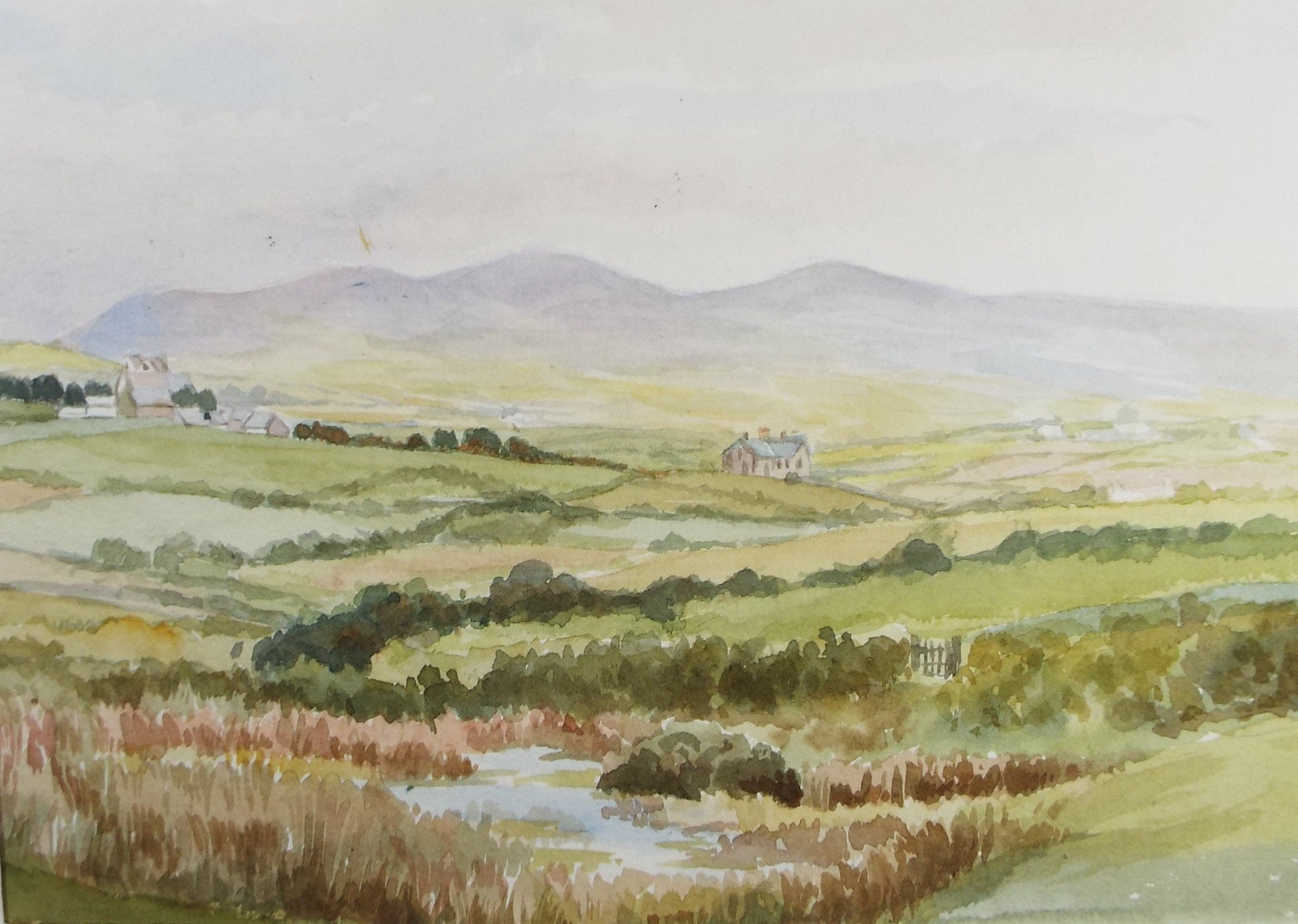 Original Watercolour Sketch, 'Hamlet amongst green fields' , c1910, Unknown Artist