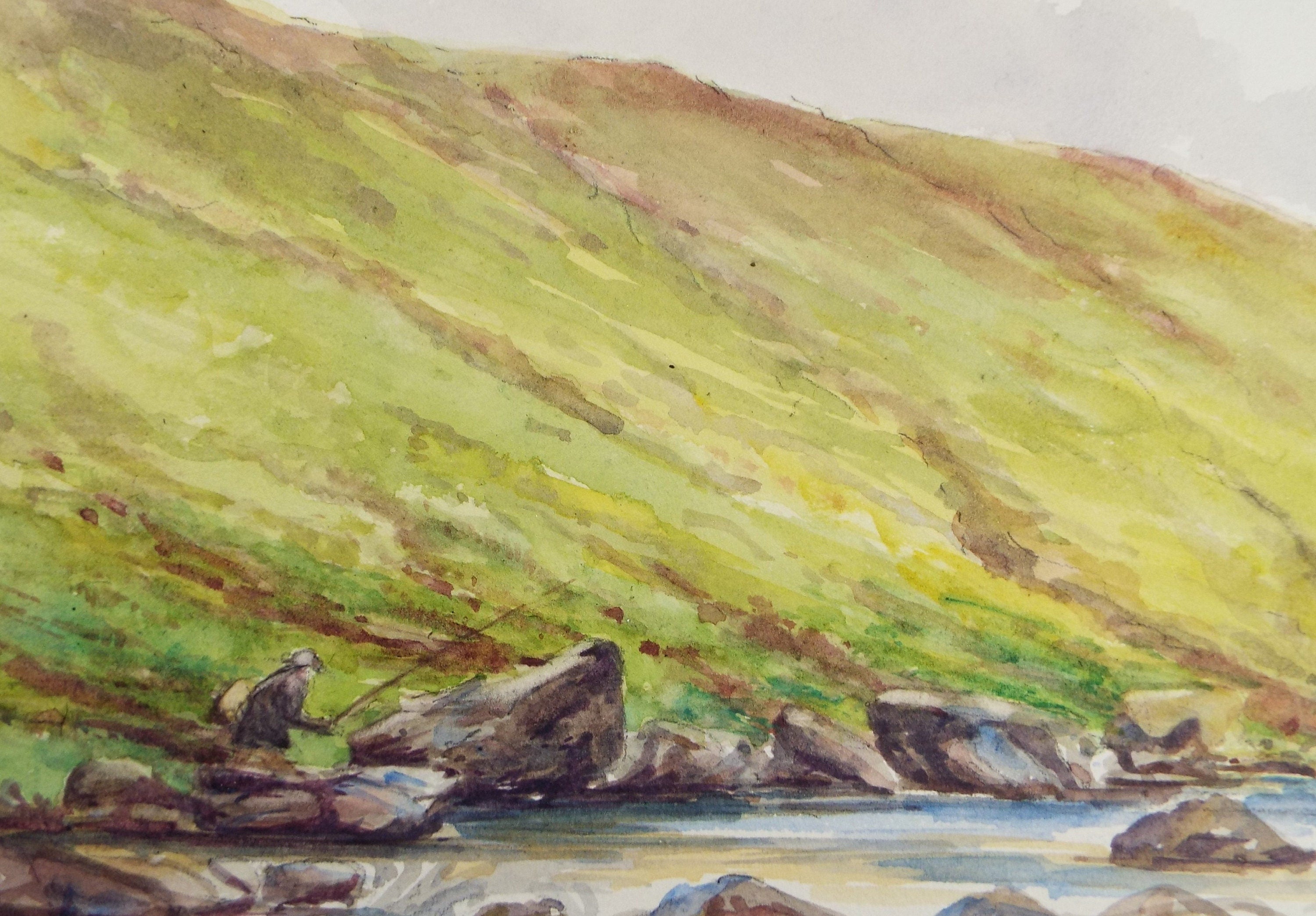 Original Watercolour Sketch, 'Fly Fisherman' , c1910, Unknown Artist