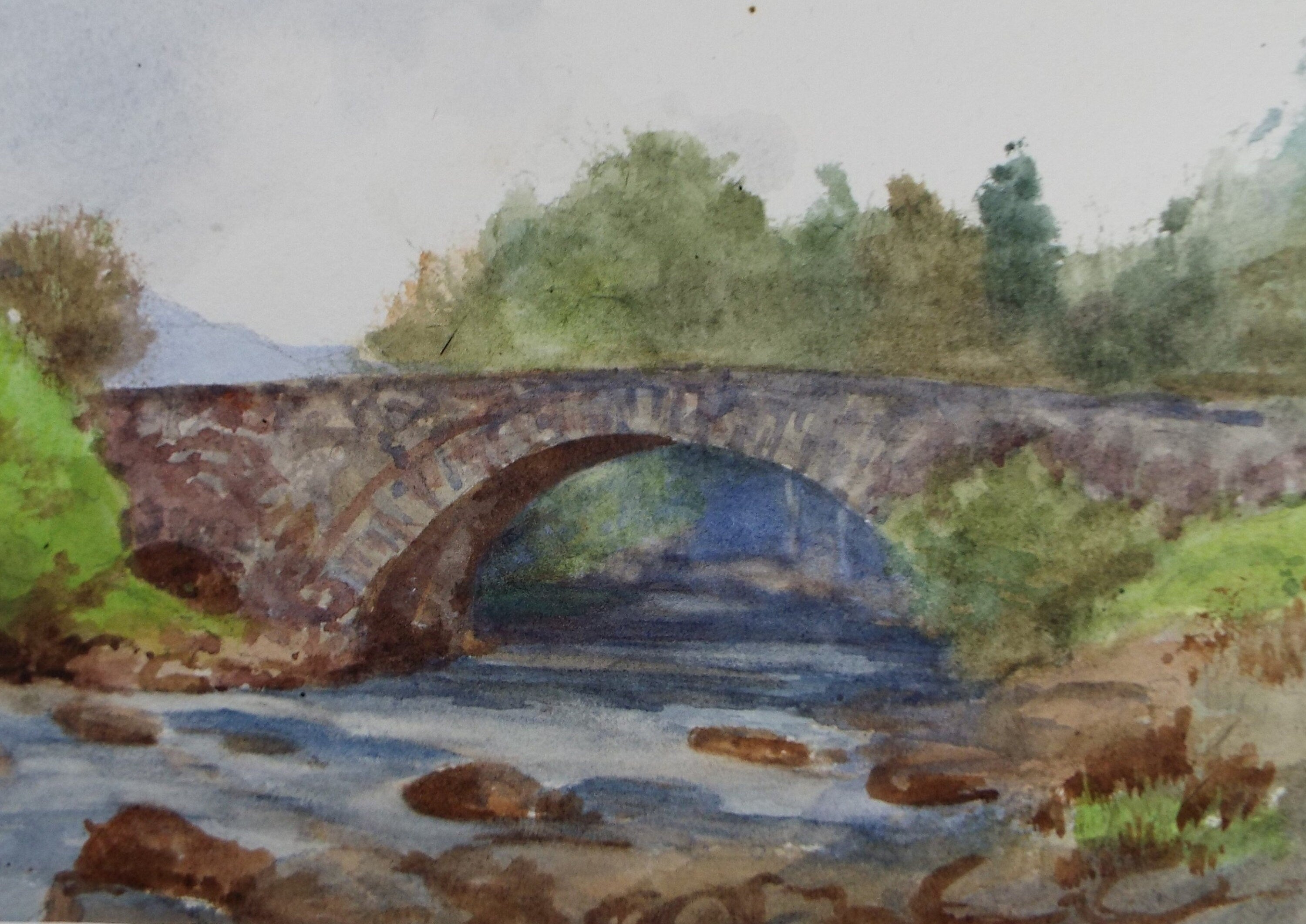 Original Watercolour Sketch, 'Stone Bridge over the River', c1910, Unknown Artist
