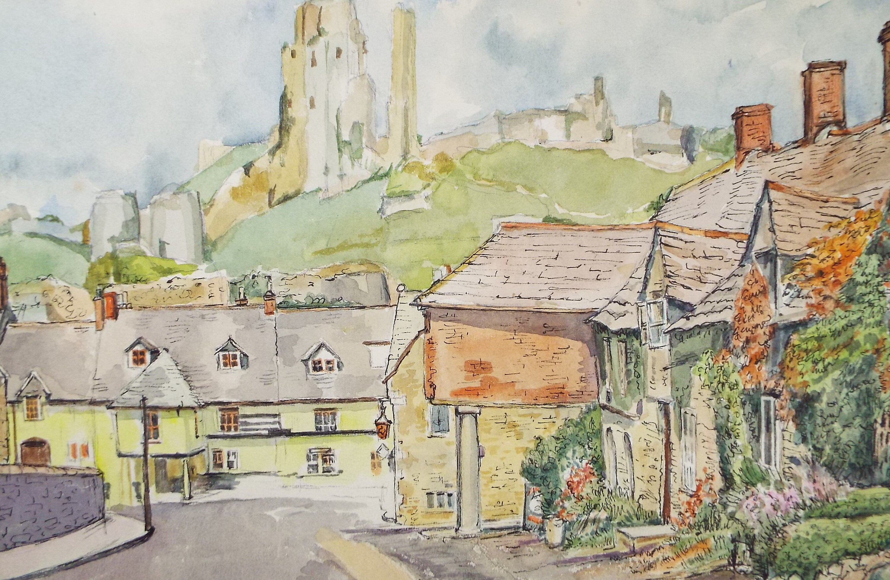 Original Watercolour & Ink, 'Town below the Castle', Circa 1990's , Joyce Letchford