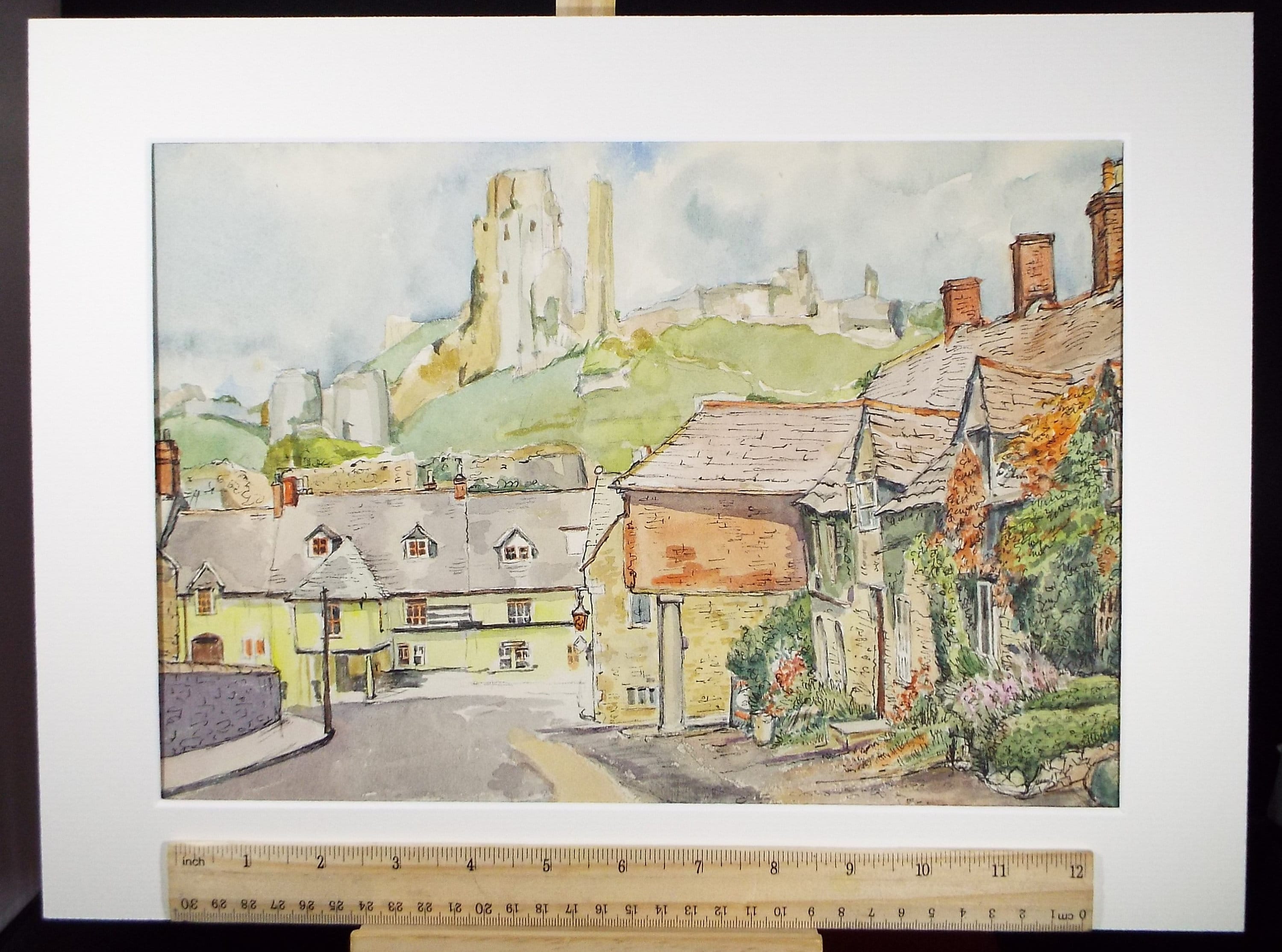 Original Watercolour & Ink, 'Town below the Castle', Circa 1990's , Joyce Letchford