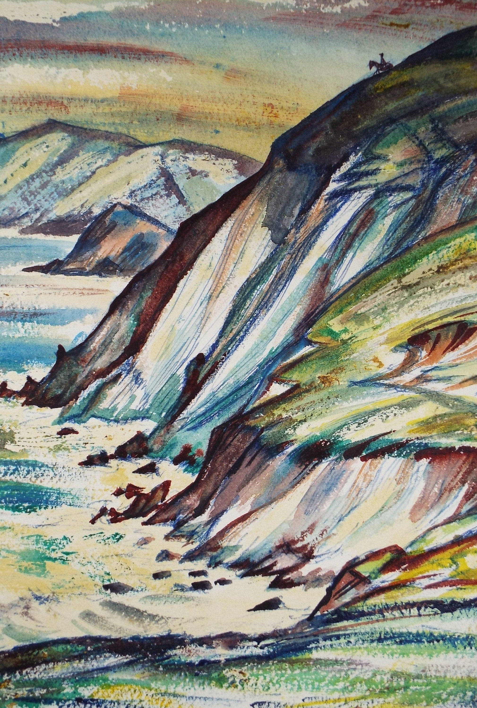 Original Watercolour, 'Sea Cliffs with Lone Rider', Circa 1960's, Artist Unknown