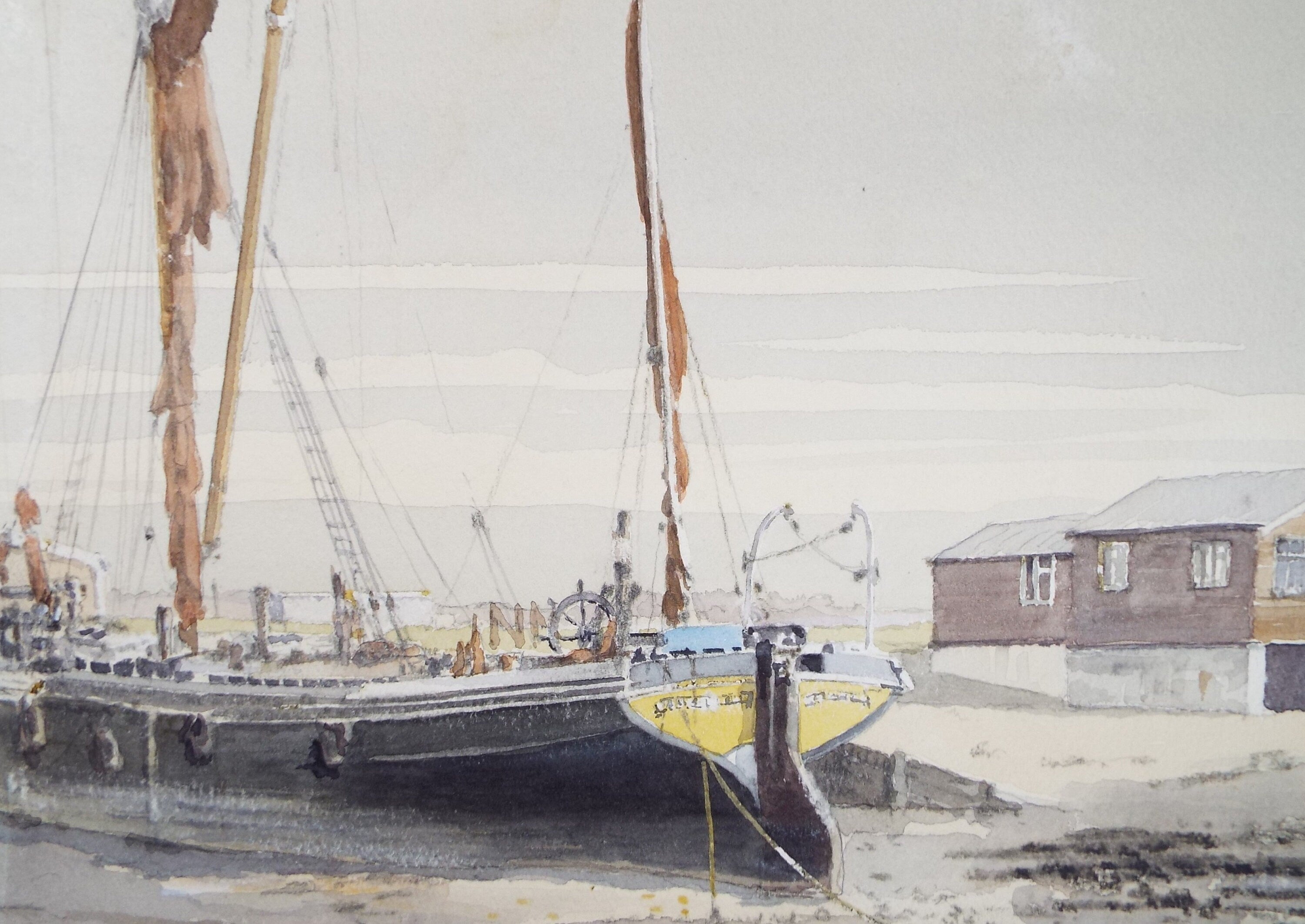 Original Watercolour, 'Sailing Barge aground', Circa 1970's, Artist Unknown