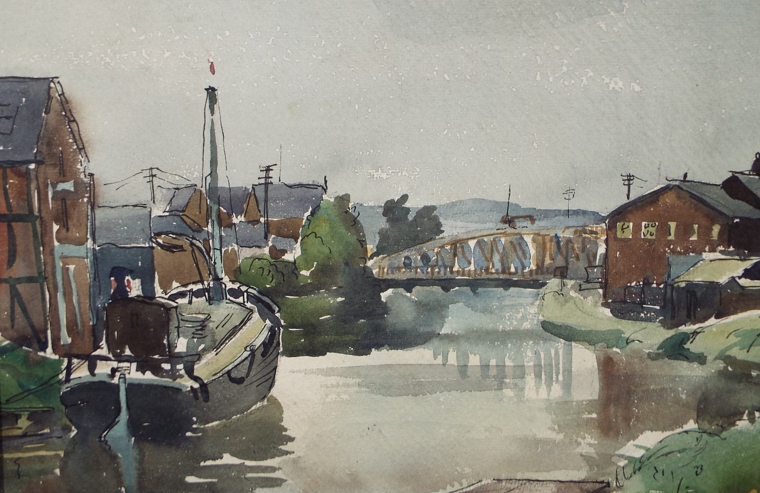 Original Watercolour, 'Ship Canal', Circa 1950's, Artist Unknown