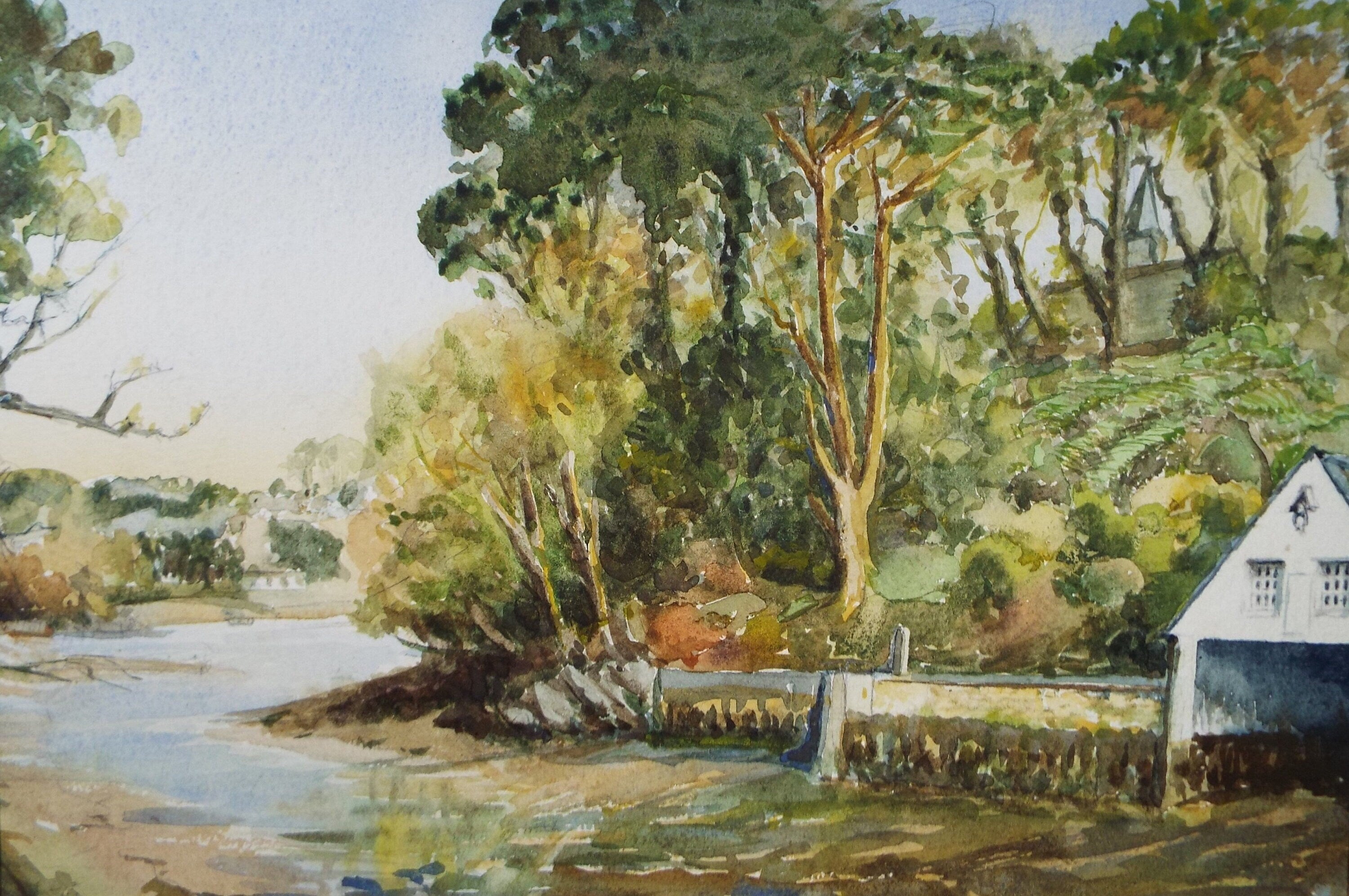Original Watercolour, 'Boat House on the river', Circa 1990's, Artist Unknown
