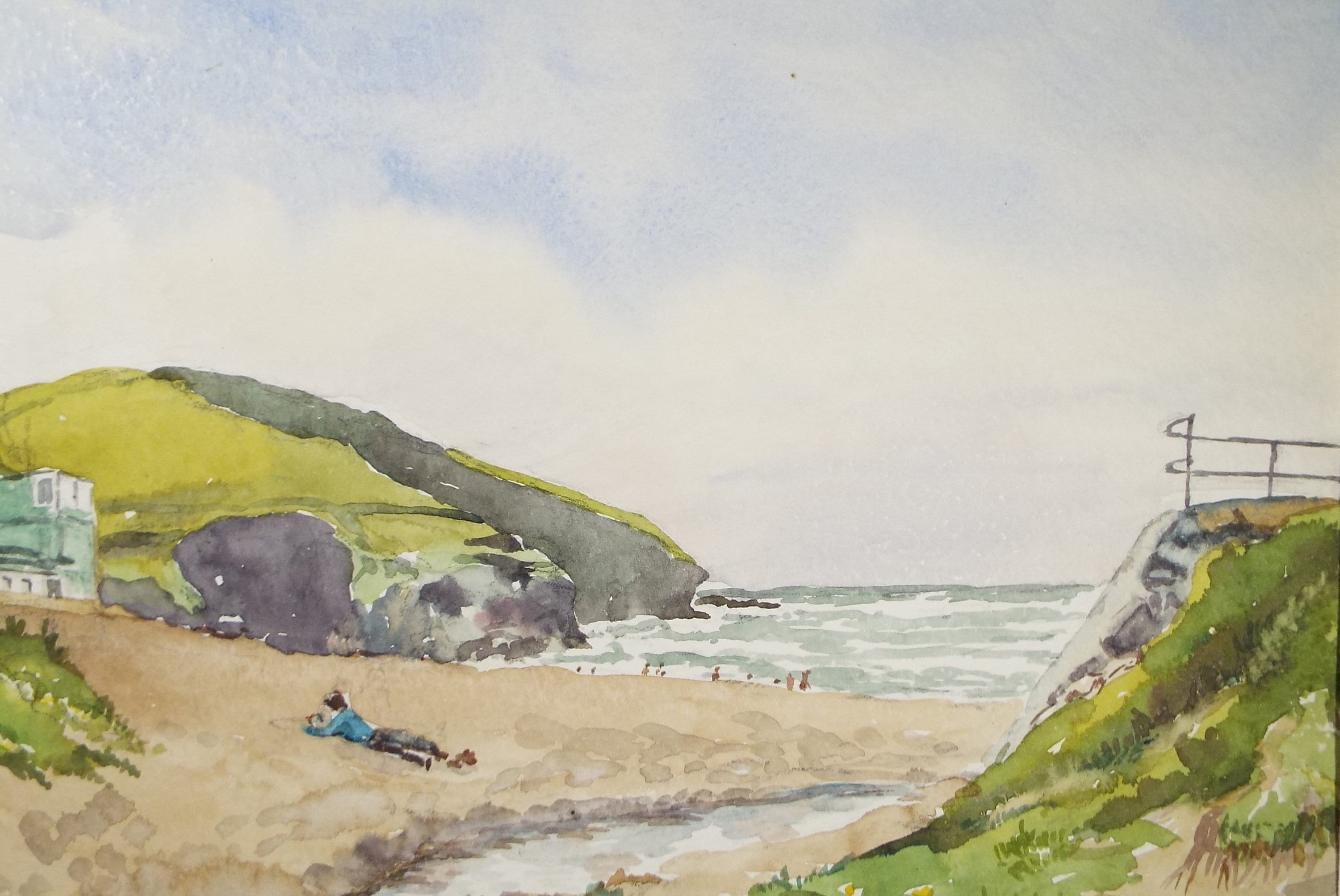 Original Watercolour, 'Relaxing on the Beach', Dated 1985, A W Coe
