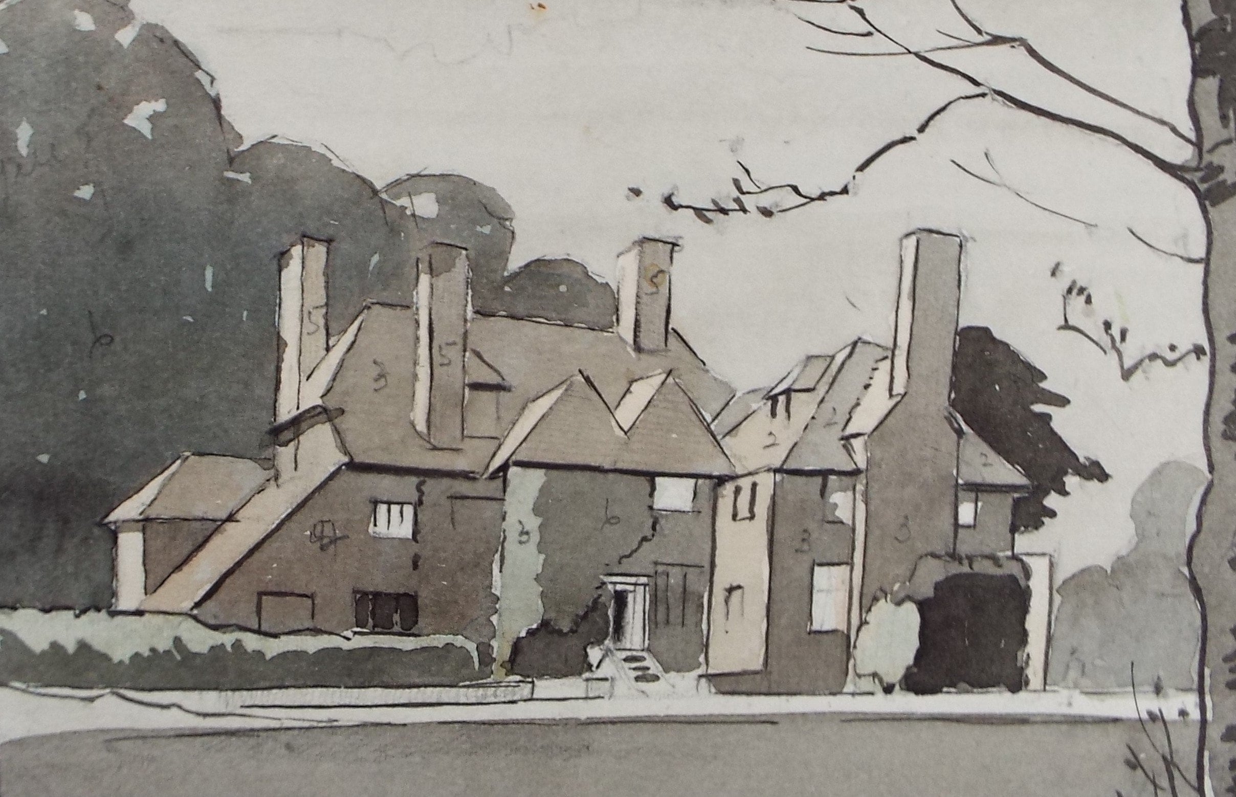 Original Watercolour,'Country House', Circa 1950, Artist Unknown