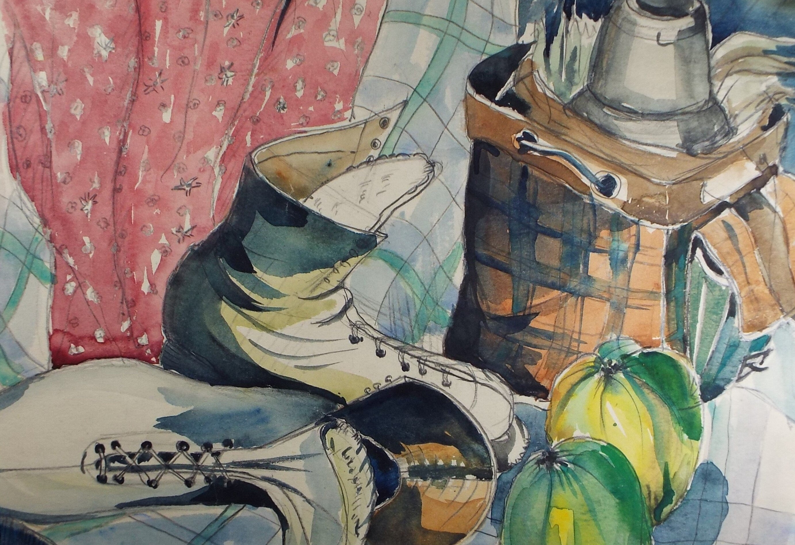 Original Watercolour, 'Still Life with Boots, flask & fruit', Circa 1950's , David William Burley (1901-1990)