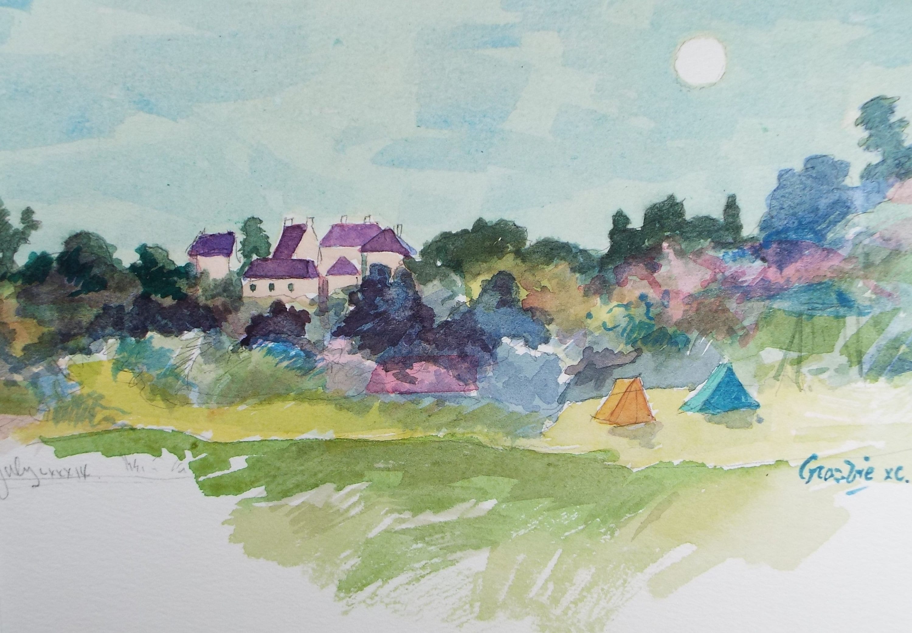 Original Watercolour on paper, 'Camping in the French Countryside', William Crosbie RSA, RGI (1915-1999)
