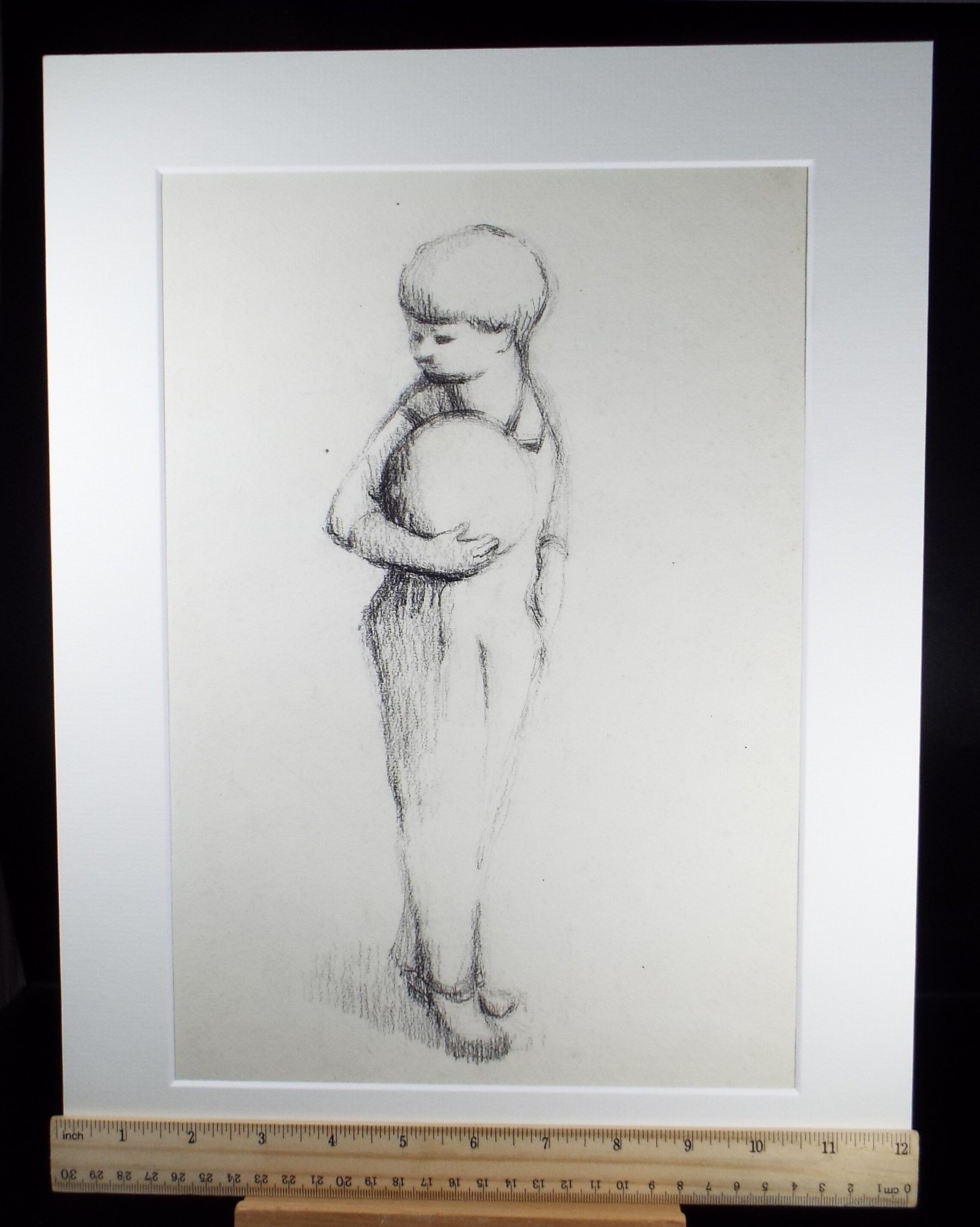 Original Pencil Drawing,'Boy with ball', circa 1990, Mariota Bosanquet (1923-2022)