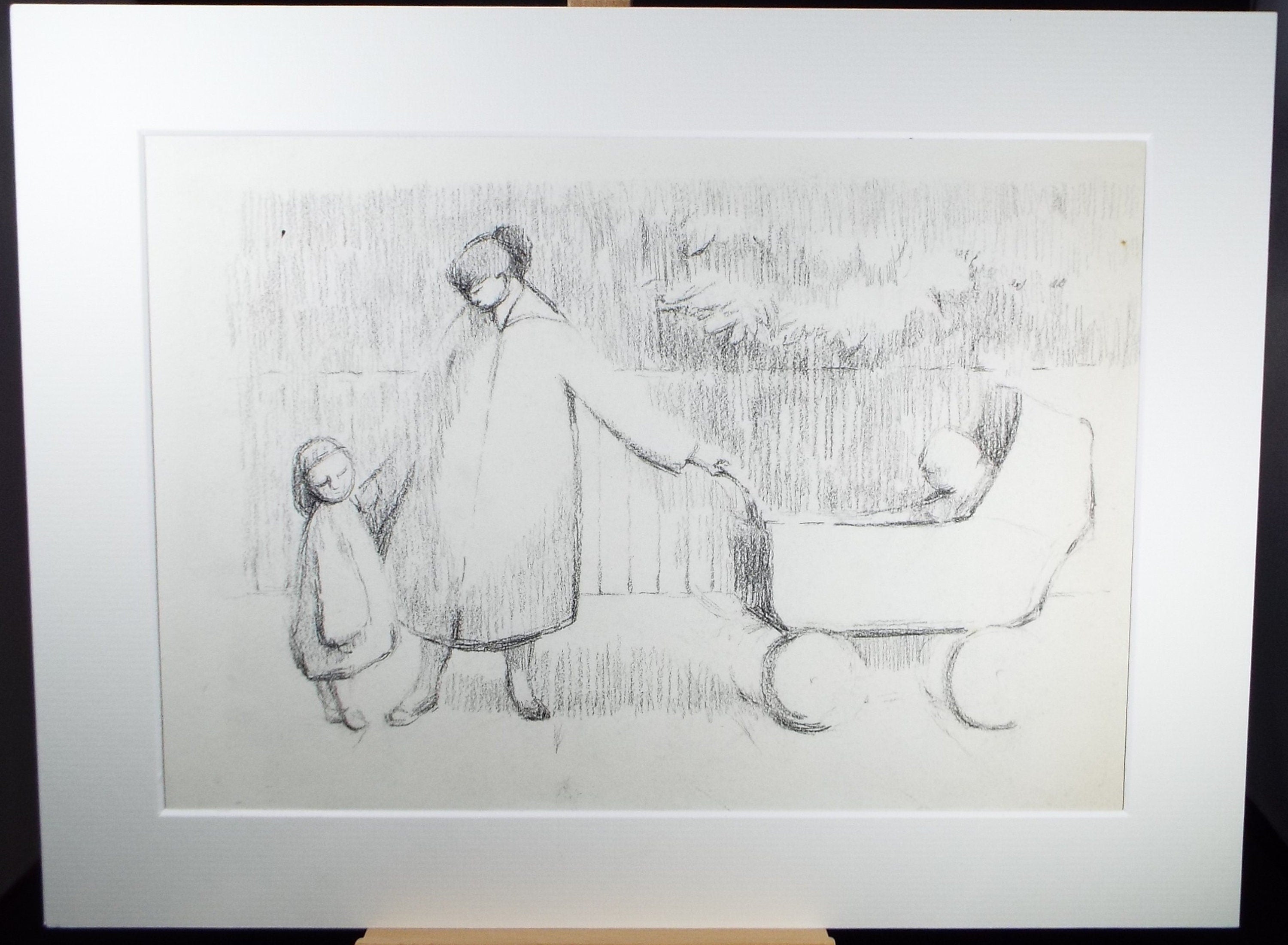 Original Pencil Drawing,'Mother with Pram', circa 1990, Mariota Bosanquet (1923-2022)