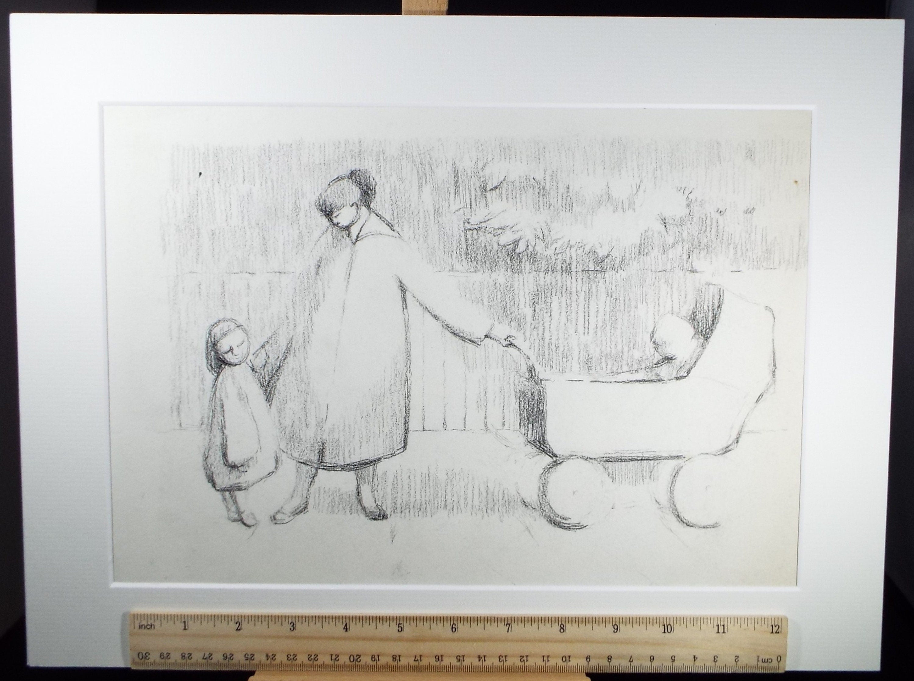 Original Pencil Drawing,'Mother with Pram', circa 1990, Mariota Bosanquet (1923-2022)