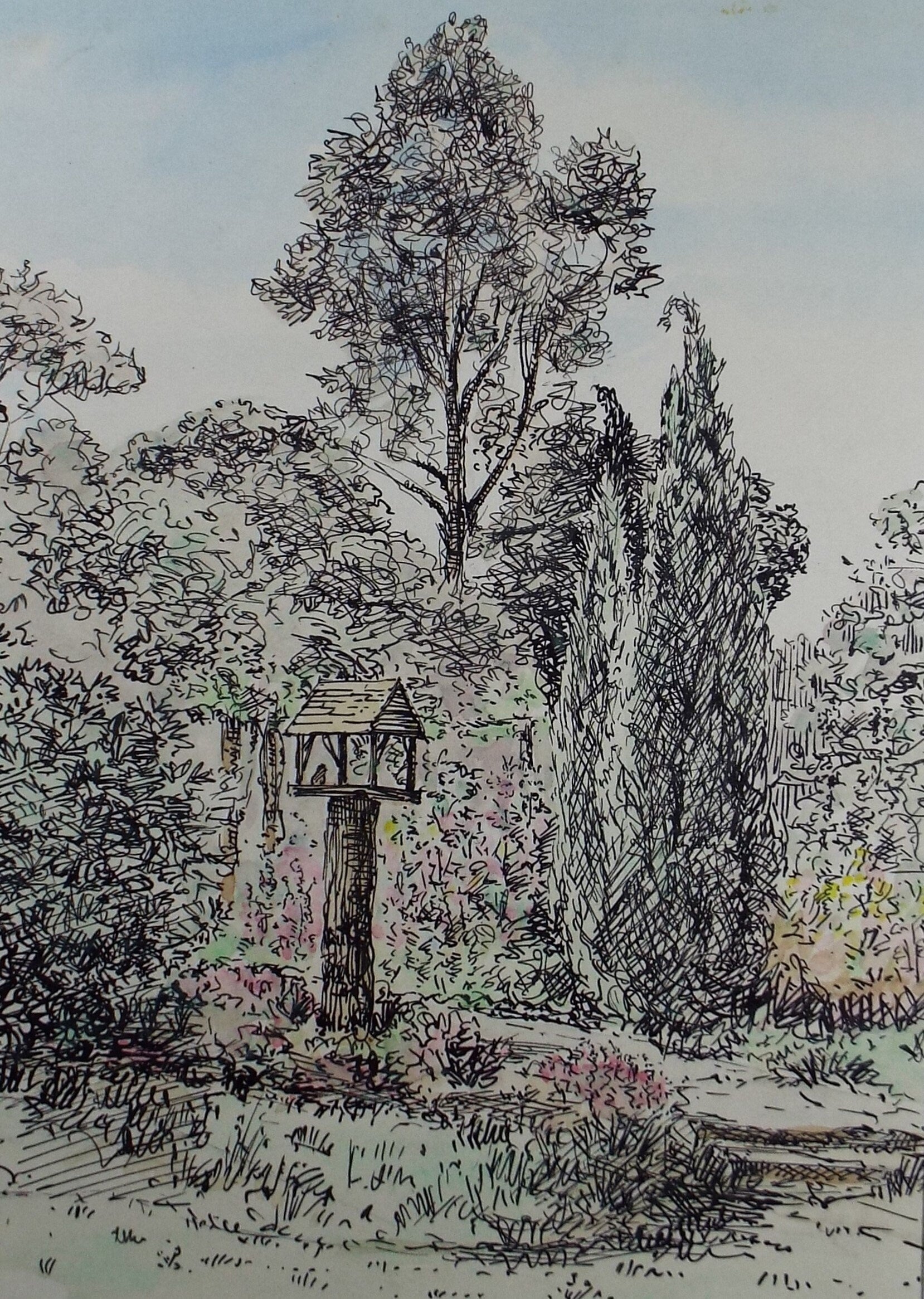 Original Pen & Ink Sketch,'Garden from Loggia, Westwood', dated 1949, Hilda Burford (1887-1957)