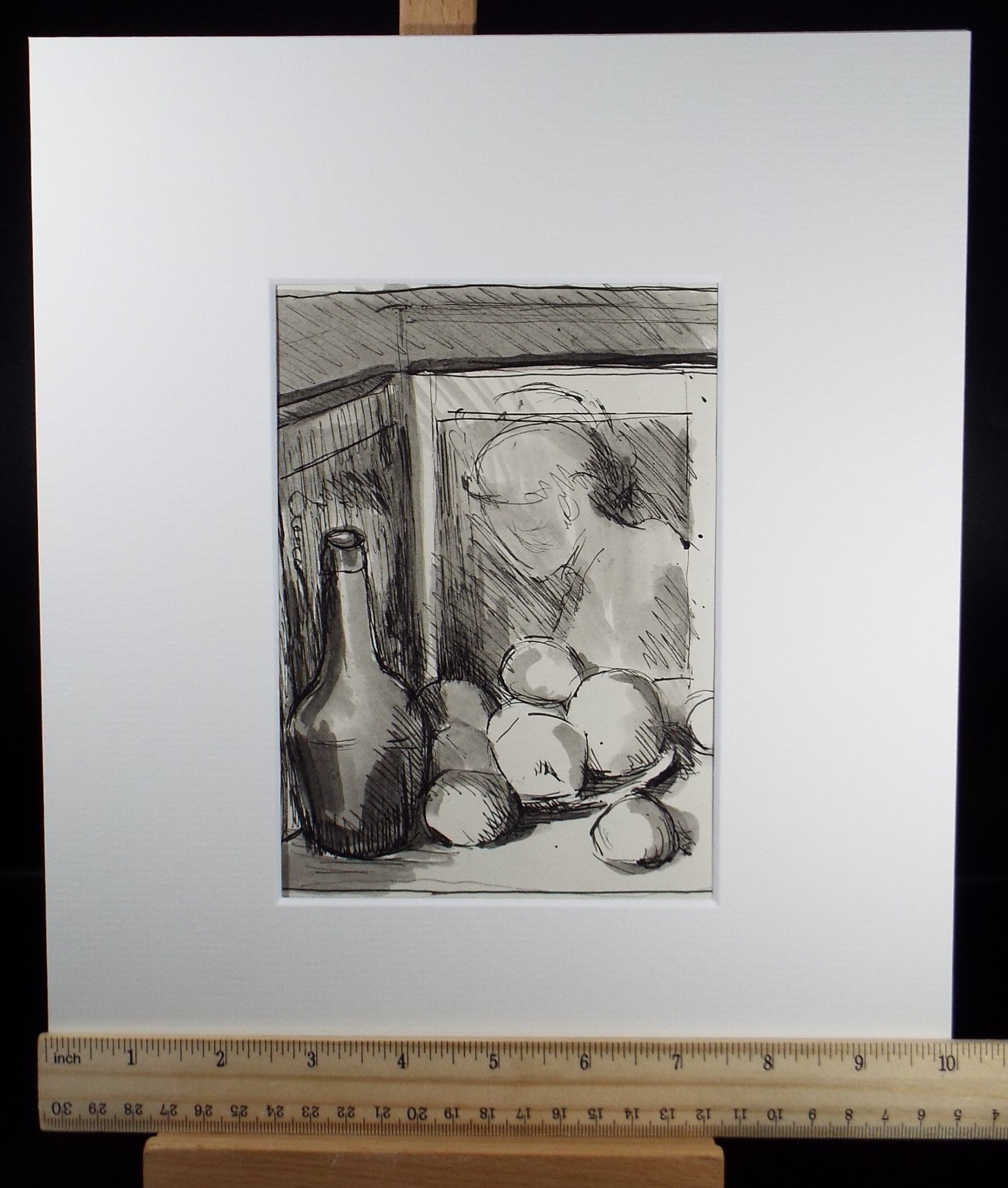 Original Pen & Ink Sketch,'Still Life with friut and bottle', dated Circa 1940's, Hilda Burford (1887-1957)