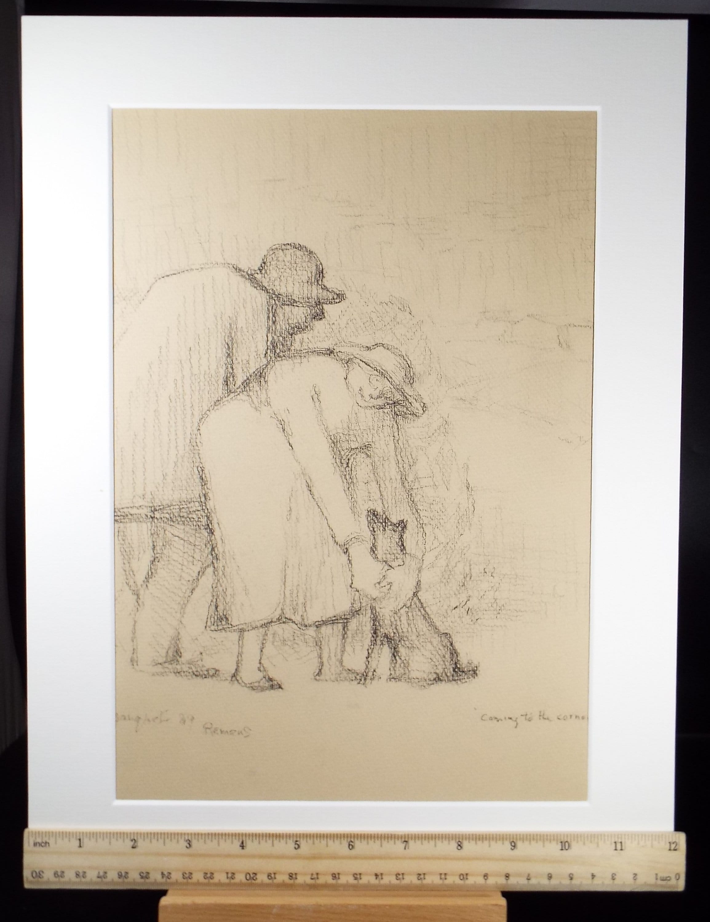 Original Pastel Drawing,'Figures with dog', circa 1990, Mariota Bosanquet (1923-2022)