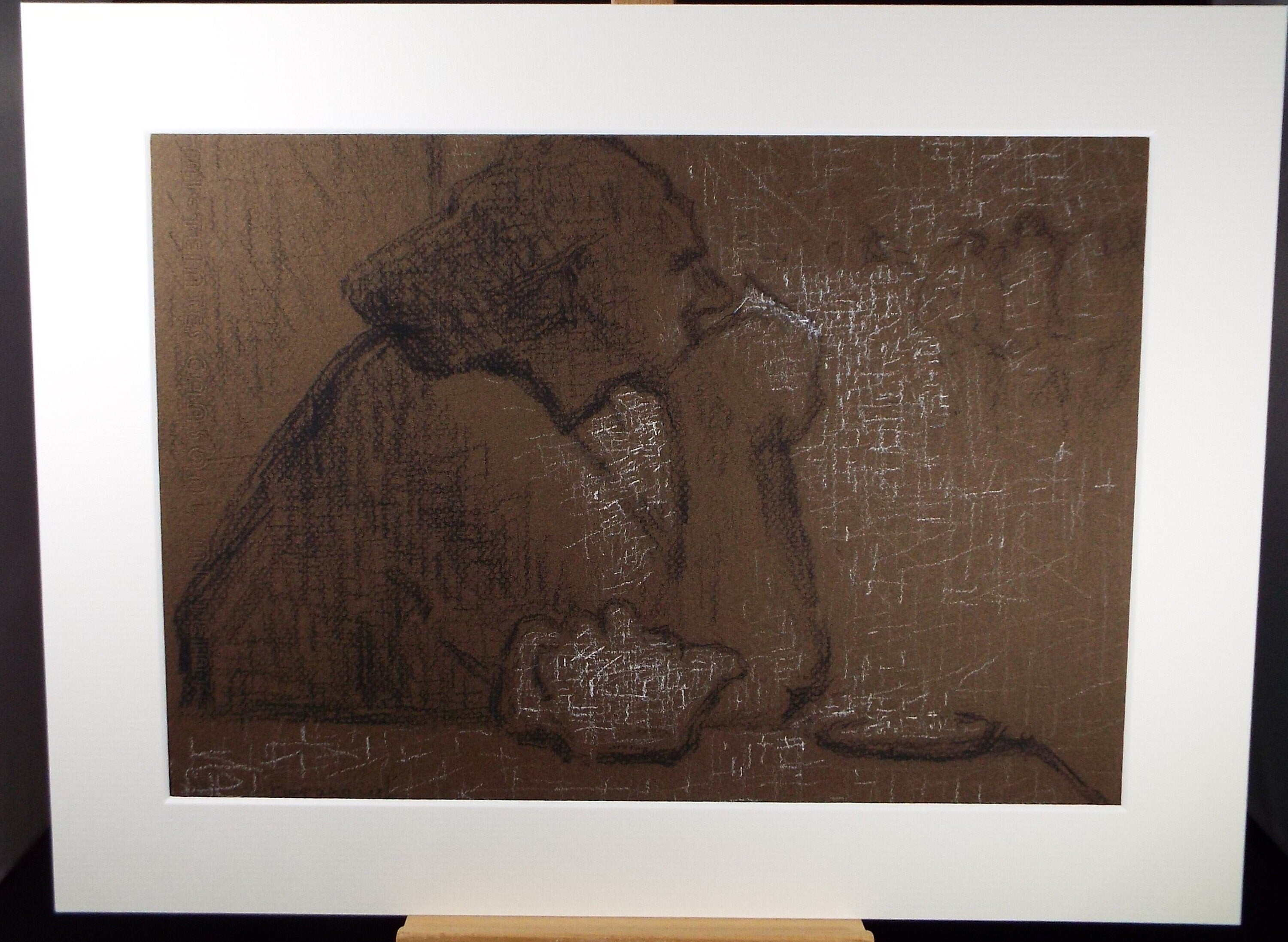 Original Pastel Drawing on brown paper,'Figure drinking tea', circa 1990, Mariota Bosanquet (1923-2022)