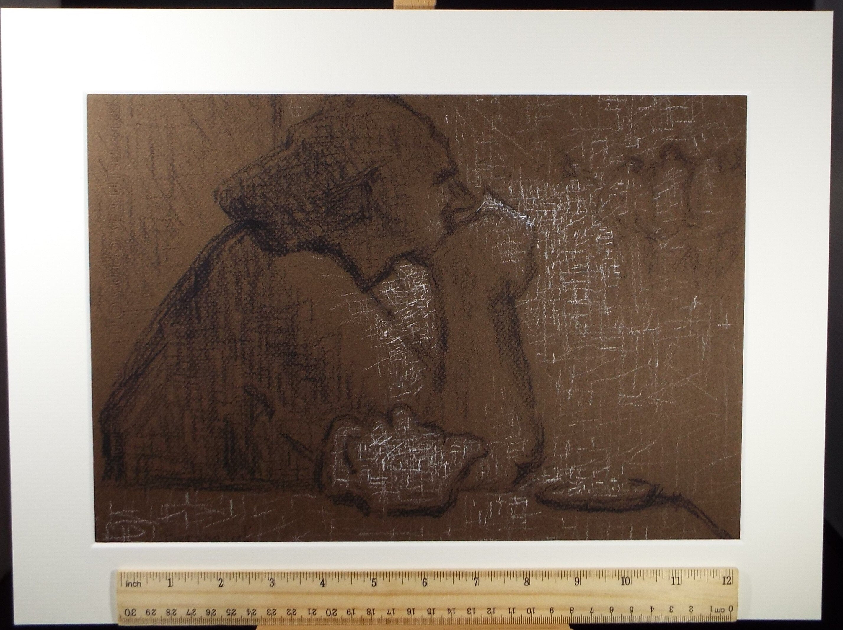 Original Pastel Drawing on brown paper,'Figure drinking tea', circa 1990, Mariota Bosanquet (1923-2022)