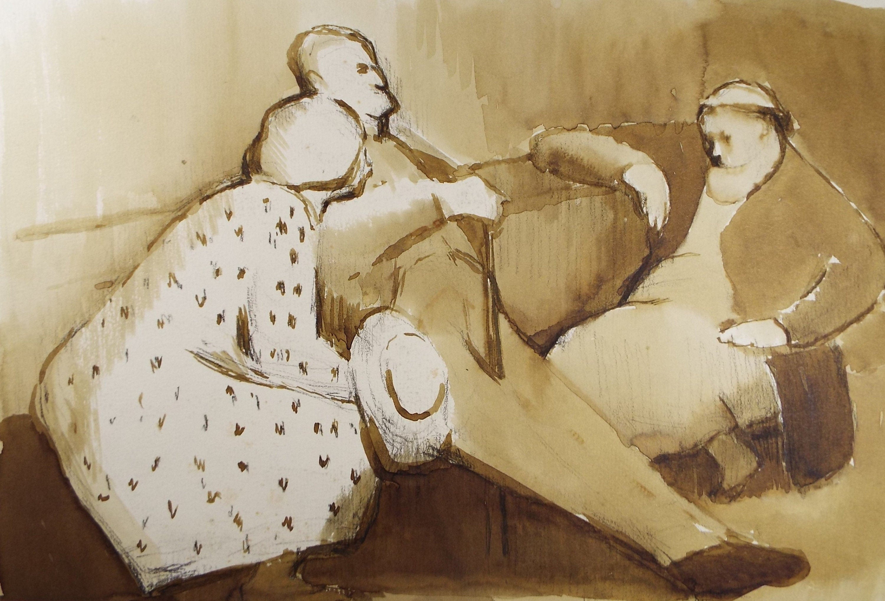Original Watercolour,'Seated Figures chatting', circa 1990, Mariota Bosanquet (1923-2022)