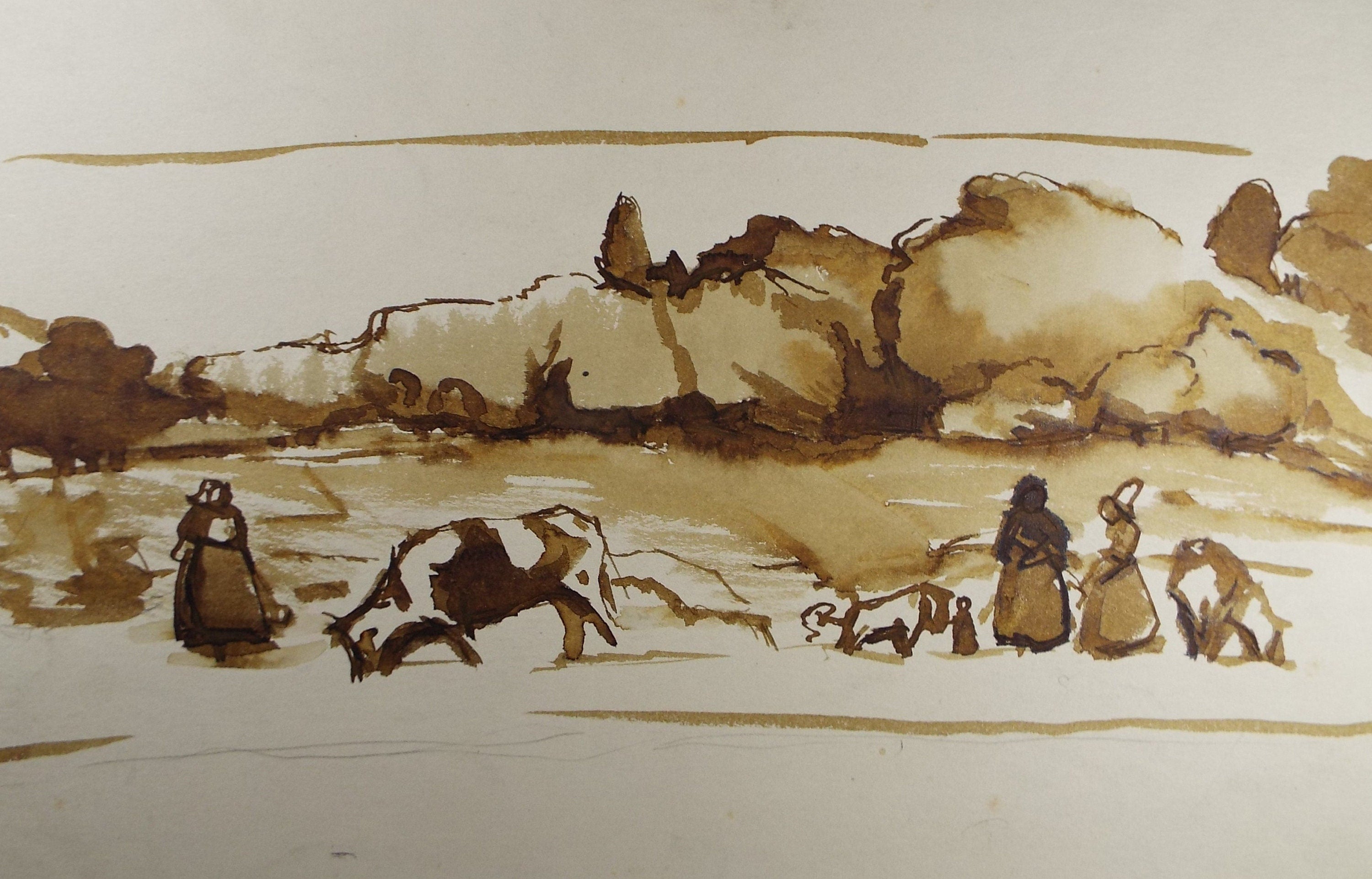 Original Watercolour 'Cattle with Figures', circa 1990, Mariota Bosanquet (1923-2022)