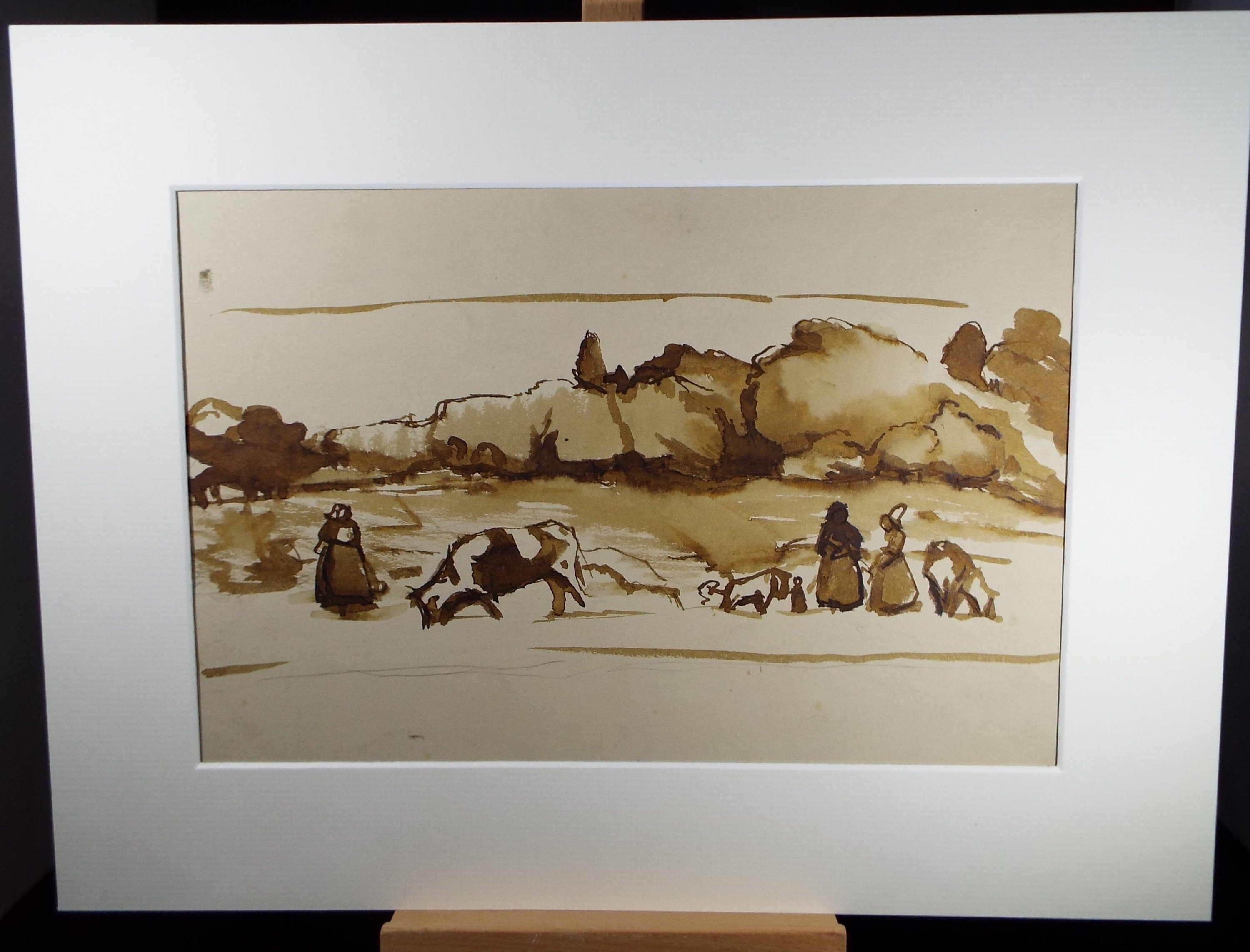 Original Watercolour 'Cattle with Figures', circa 1990, Mariota Bosanquet (1923-2022)