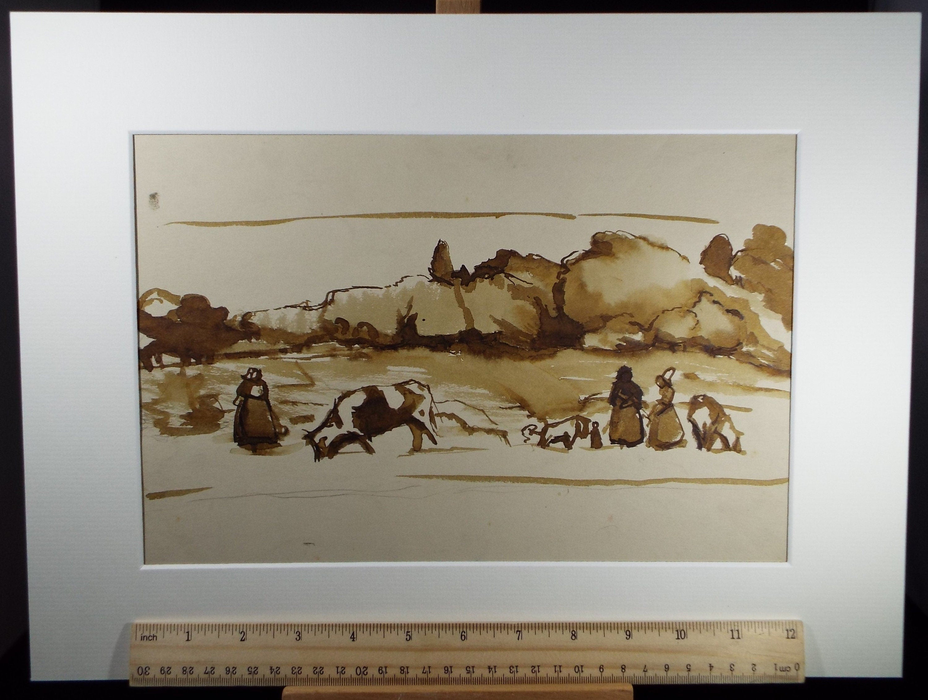 Original Watercolour 'Cattle with Figures', circa 1990, Mariota Bosanquet (1923-2022)