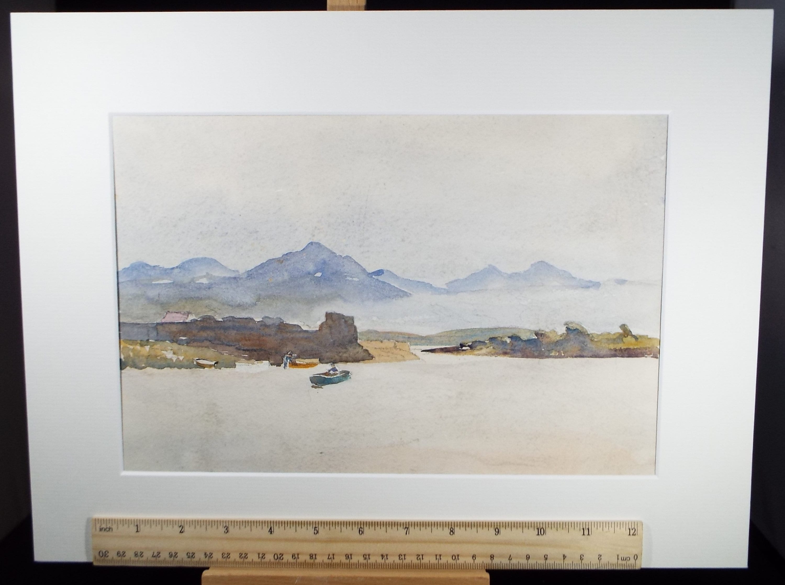 Original Watercolour, 'Coast with boats and figures', Circa 1950's , Hilda Burford (1887-1957)