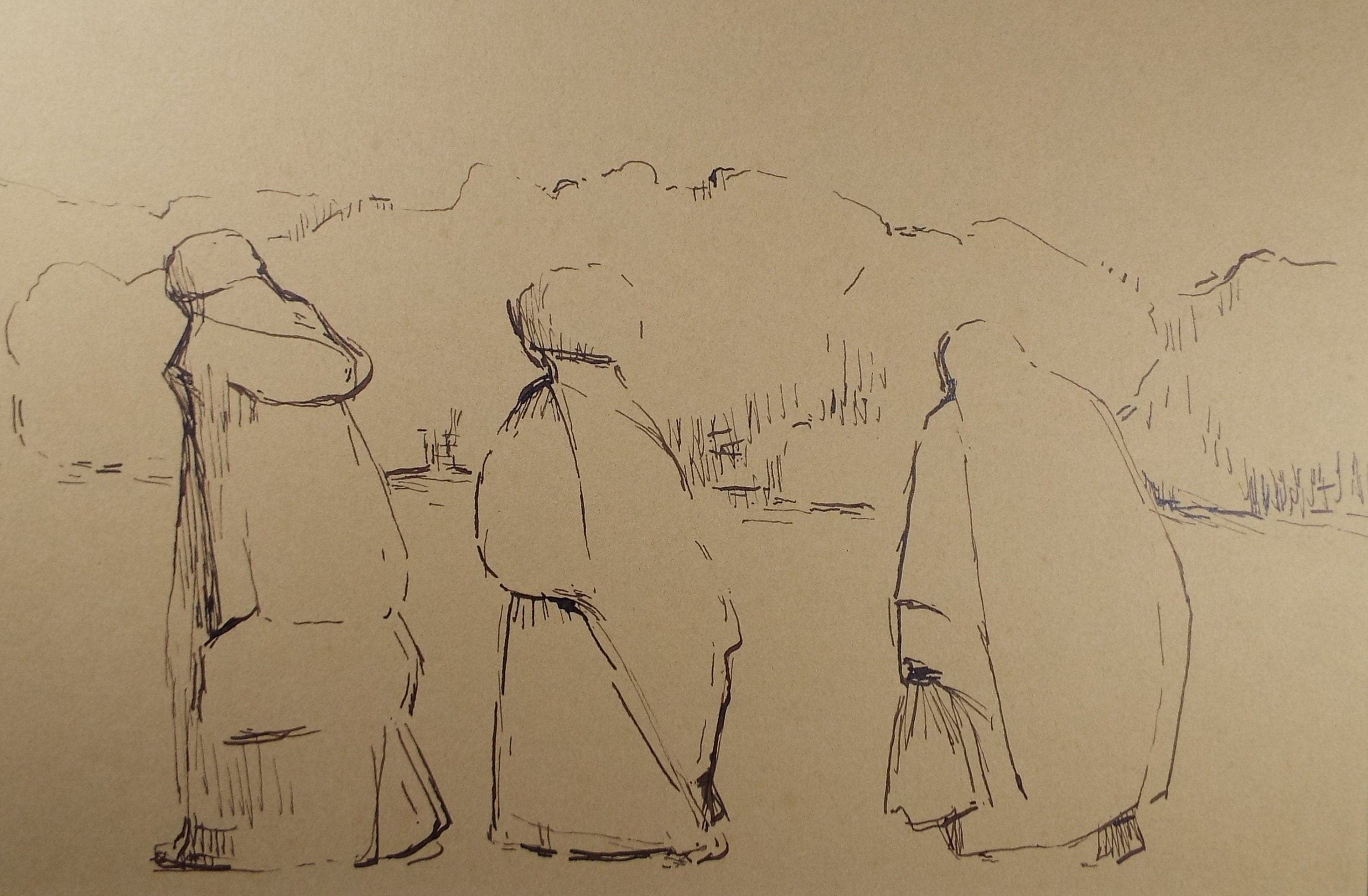 Original Pen & ink Drawing ,'Three Figures in Burkas', Circa 1990's, Mariota Bosanquet (1923-2022)