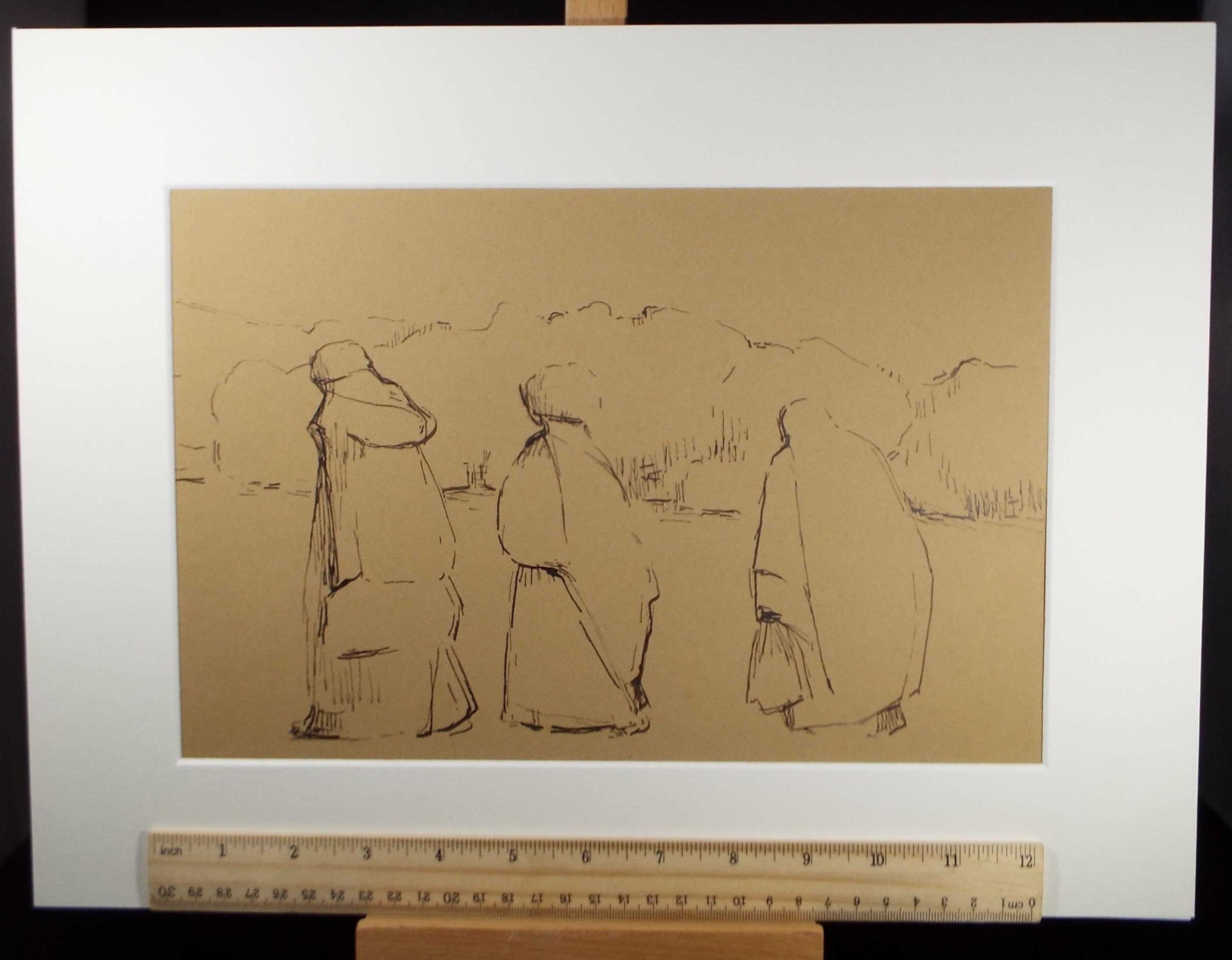 Original Pen & ink Drawing ,'Three Figures in Burkas', Circa 1990's, Mariota Bosanquet (1923-2022)