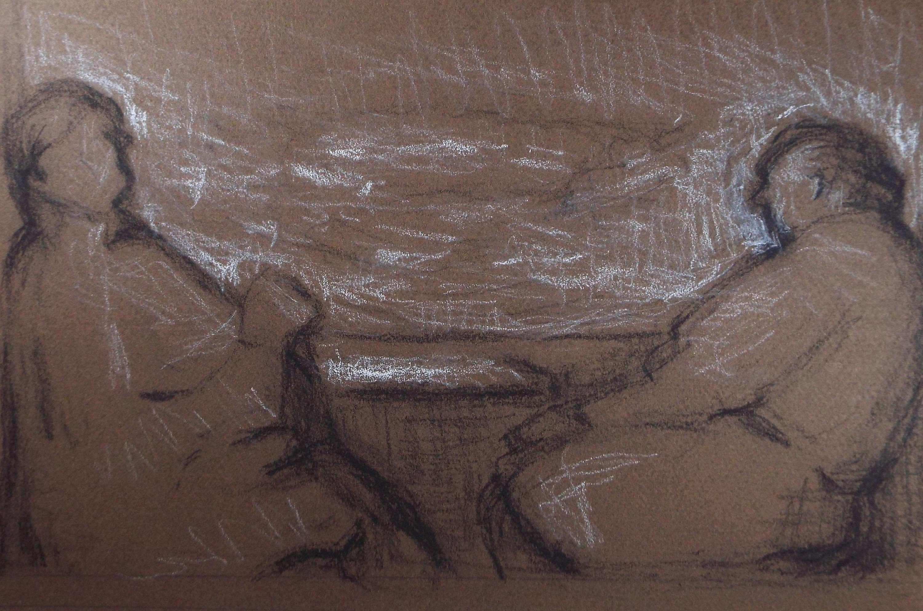 Original Pastel Drawing on brown paper,'Two Figures at a window', circa 1990, Mariota Bosanquet (1923-2022)