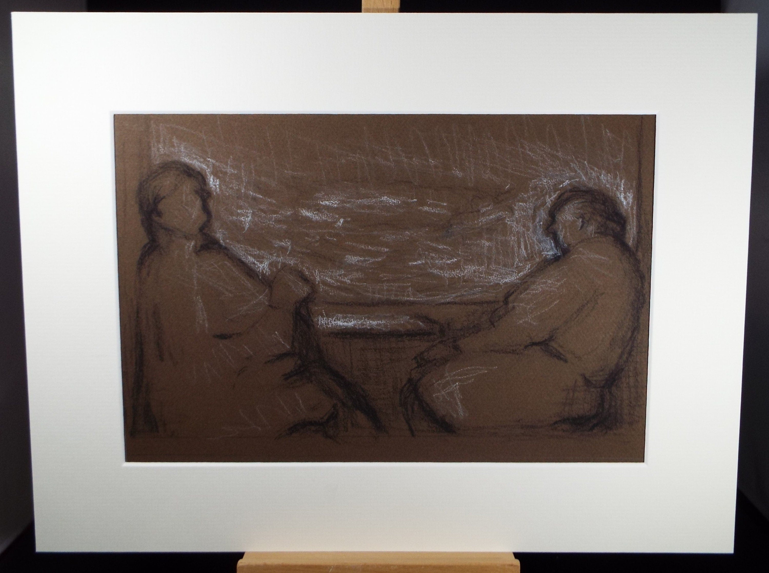 Original Pastel Drawing on brown paper,'Two Figures at a window', circa 1990, Mariota Bosanquet (1923-2022)