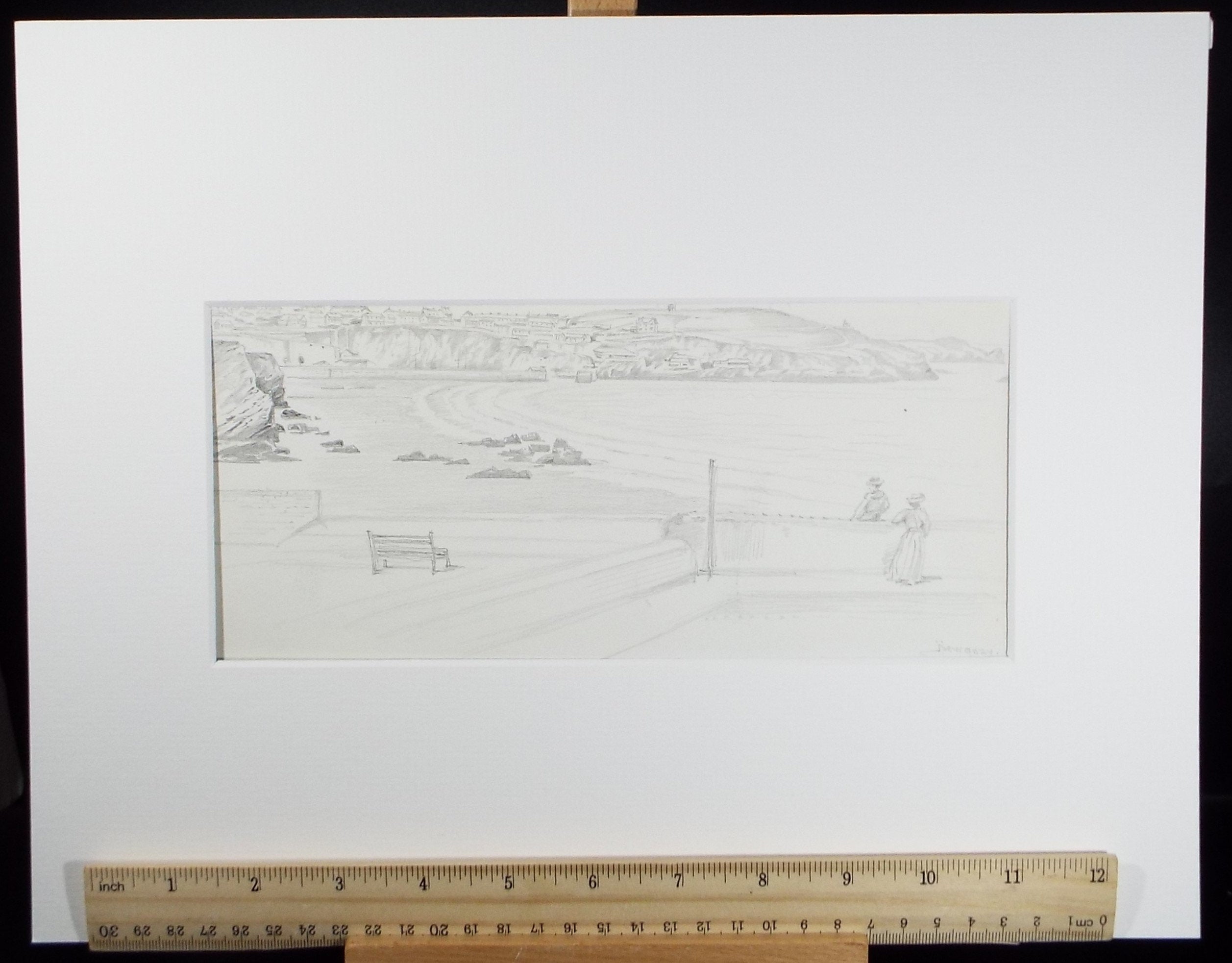 Original Pencil Drawing, 'Newquay', dated 1886, Artist unknown