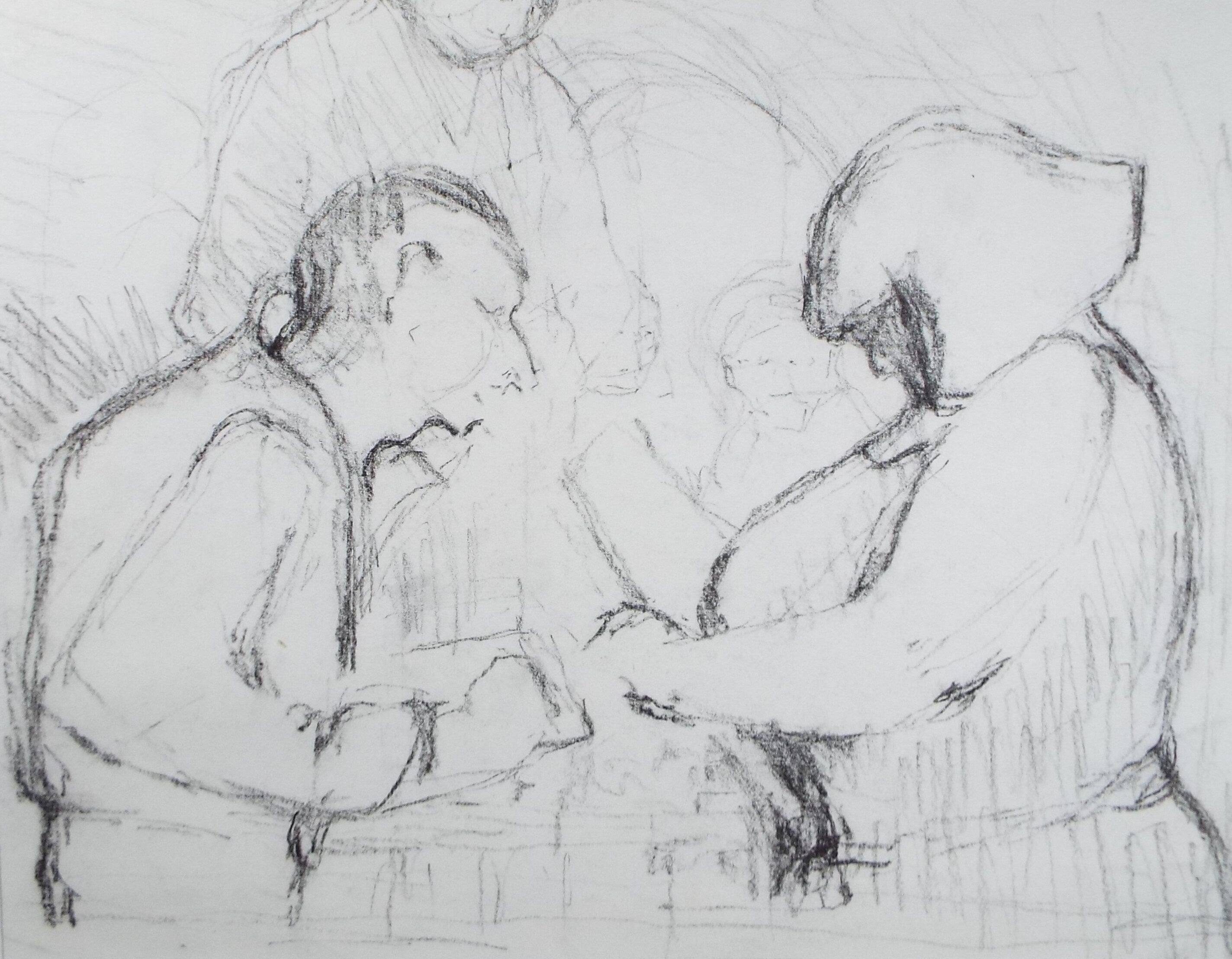 Original Pastel Drawing ,'Figures at a table', circa 1990, Mariota Bosanquet (1923-2022)