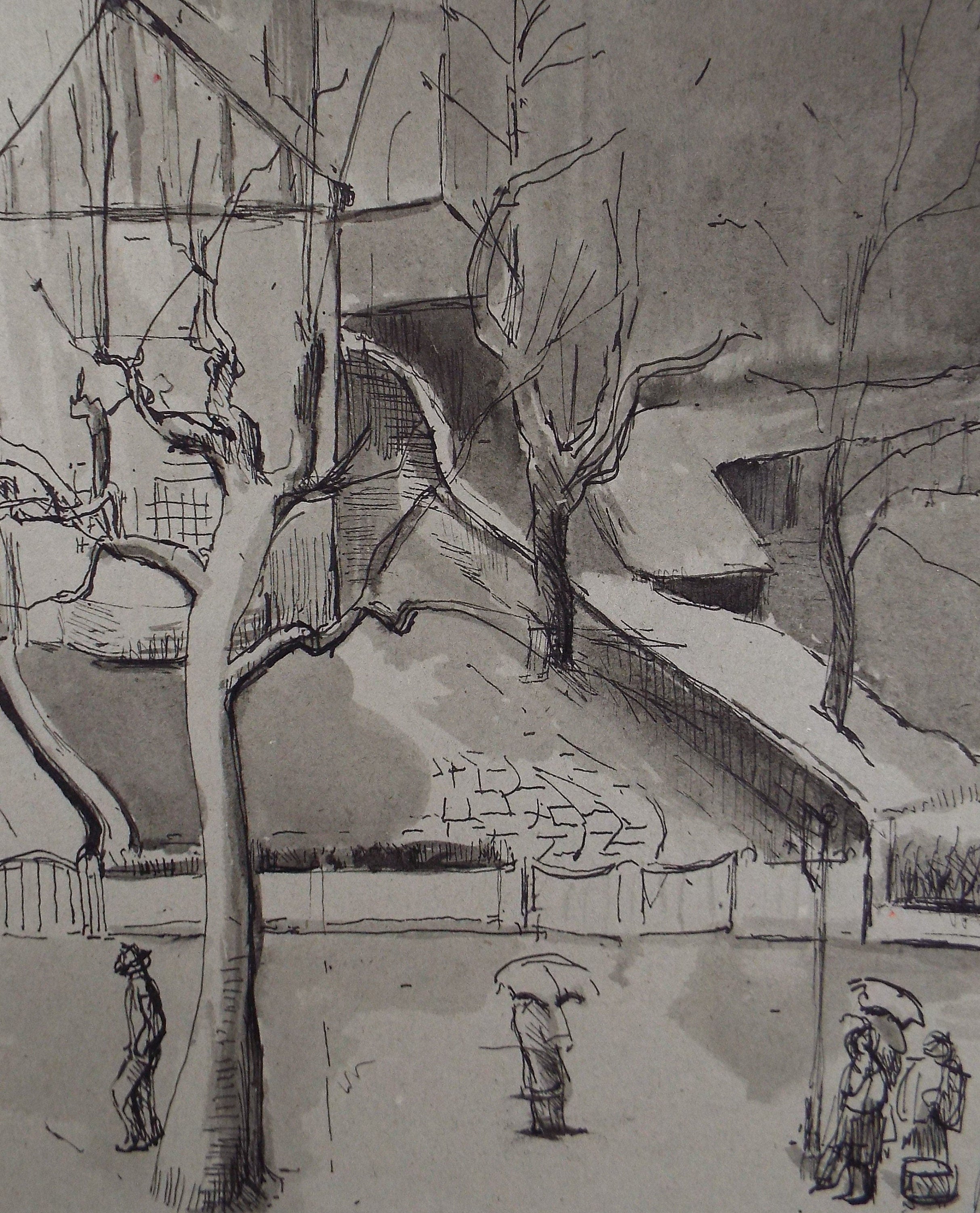 Original Watercolour,'Figures in the Rain', circa 1990, Mariota Bosanquet (1923-2022)