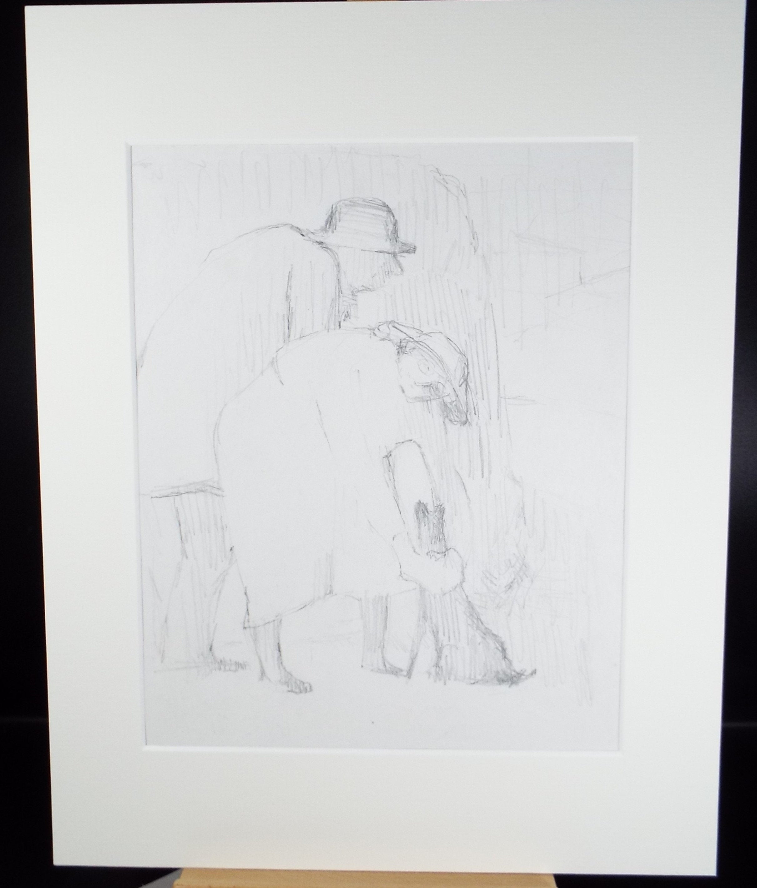 Original Pencil Drawing,'Figures with dog', circa 1990, Mariota Bosanquet (1923-2022)