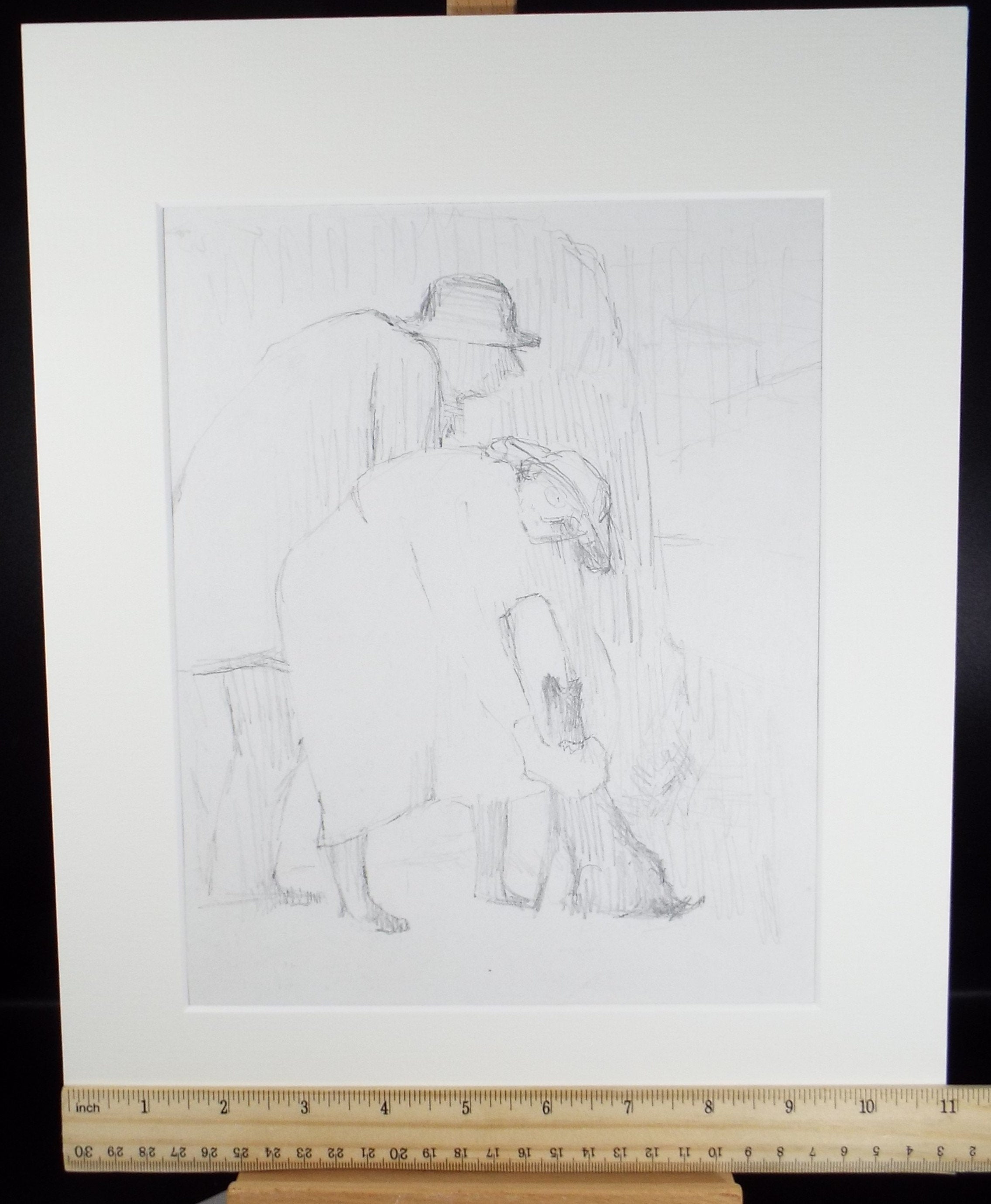 Original Pencil Drawing,'Figures with dog', circa 1990, Mariota Bosanquet (1923-2022)